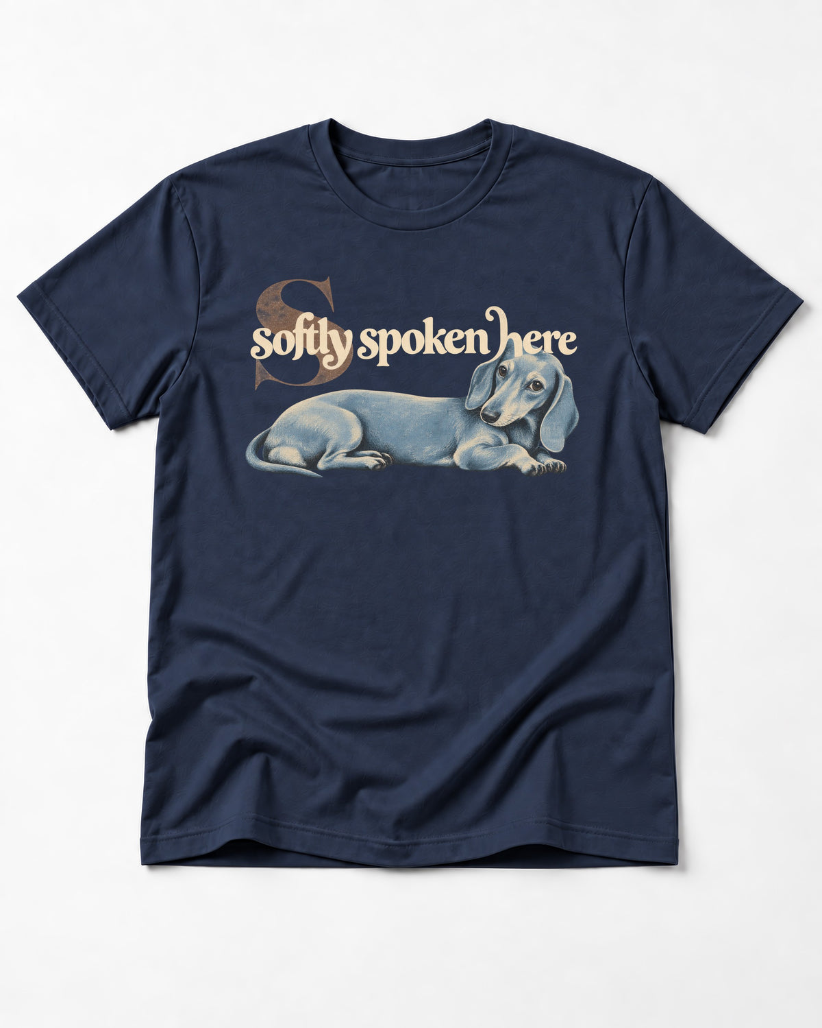 Dachshund Softly Spoken Here Reclining Portrait Graphic T-Shirt in Navy, flat lay product photo