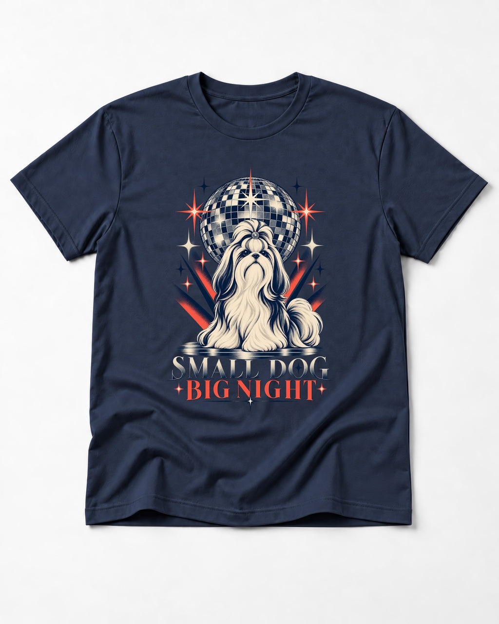 Shih Tzu Small Dog Big Night Disco Graphic T-Shirt in Navy, flat lay product photo