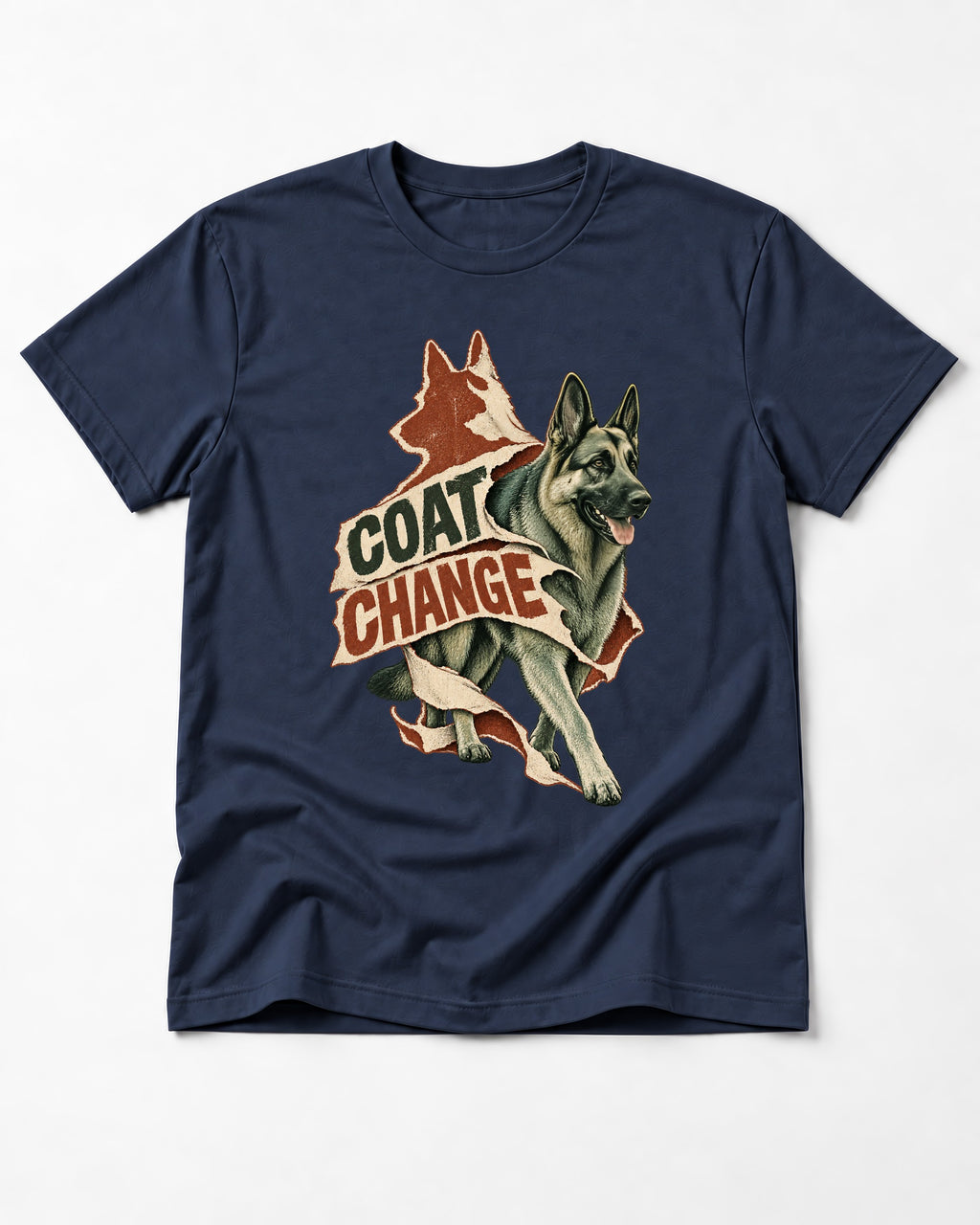 Coat Change Running German Shepherd Dog Ribbon Graphic T-Shirt in Navy, flat lay product photo