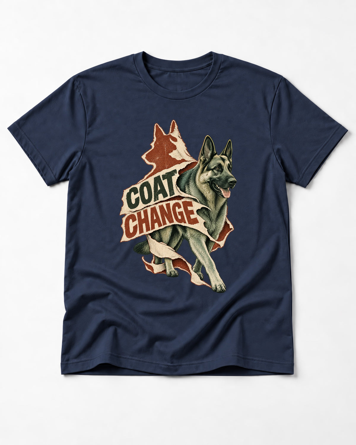Coat Change Running German Shepherd Dog Ribbon Graphic T-Shirt in Navy, flat lay product photo