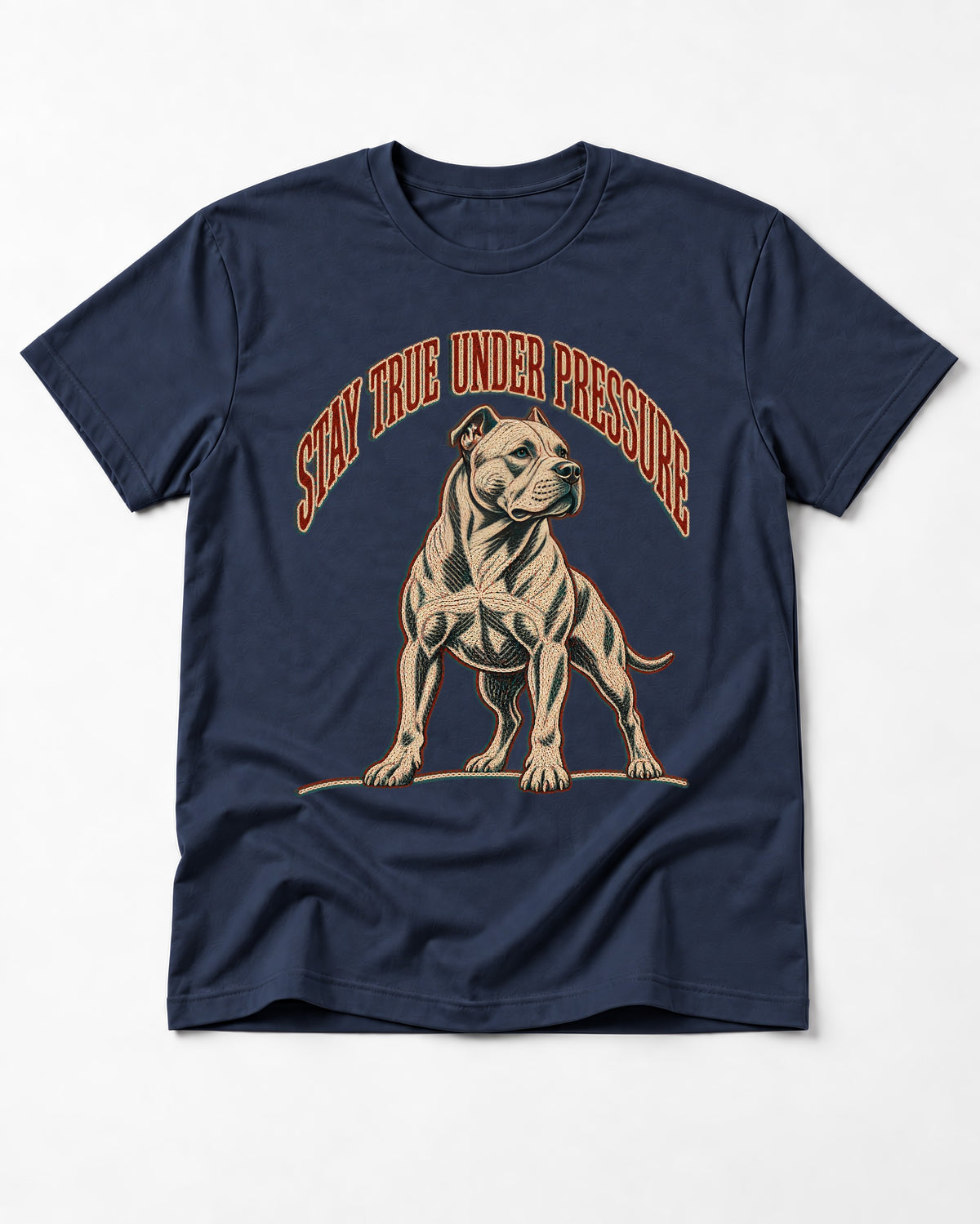 Pitbull Stay True Under Pressure Stance Graphic T-Shirt in Navy, flat lay product photo