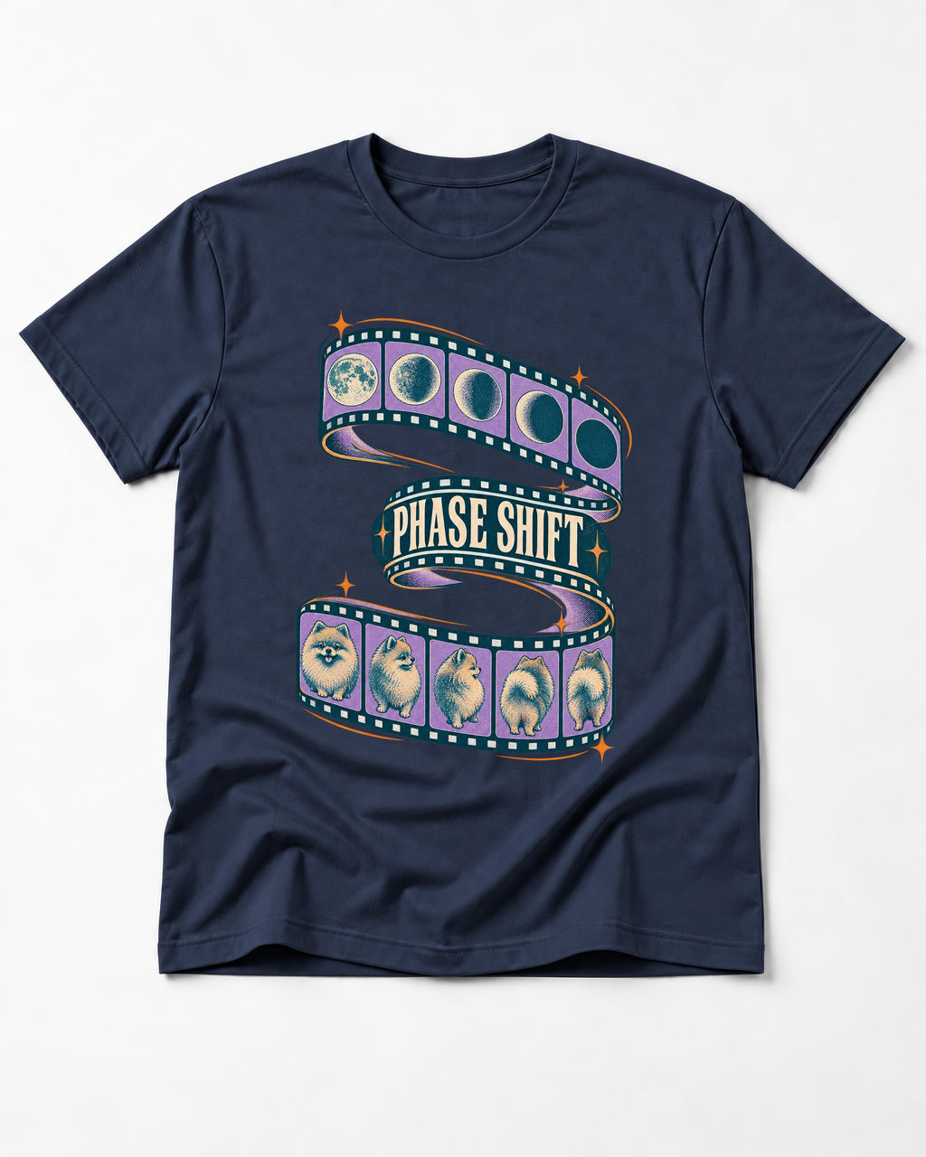 Pomeranian Phase Shift Filmstrip Graphic T-Shirt in Navy, flat lay product photo