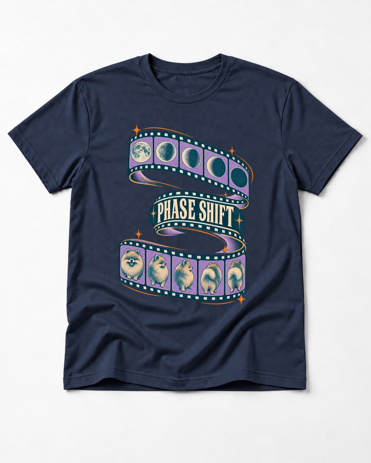 Pomeranian Phase Shift Filmstrip Graphic T-Shirt in Navy, flat lay product photo