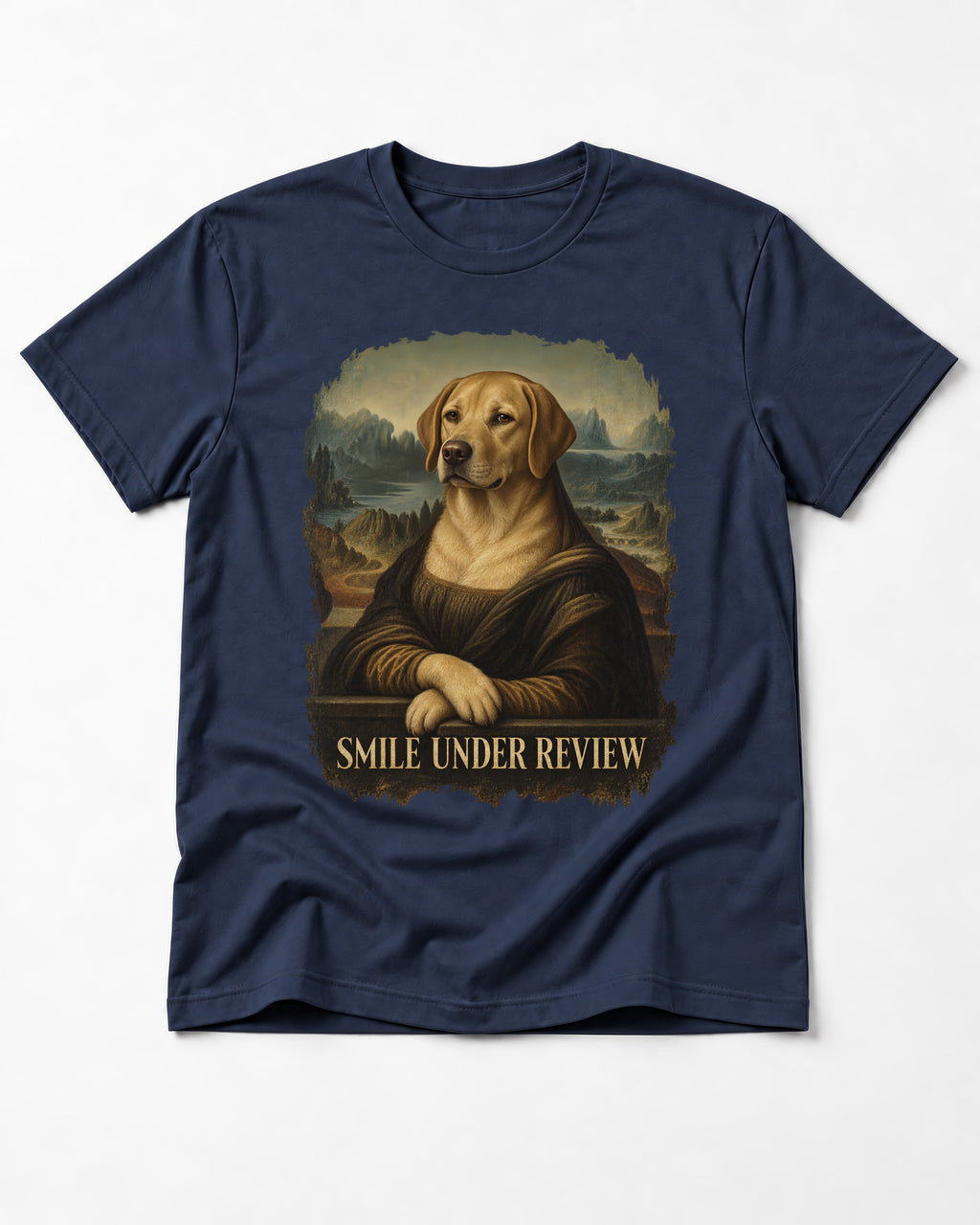 Labrador Retriever Smile Under Review Mona Lisa Graphic T-Shirt in Navy, flat lay product photo