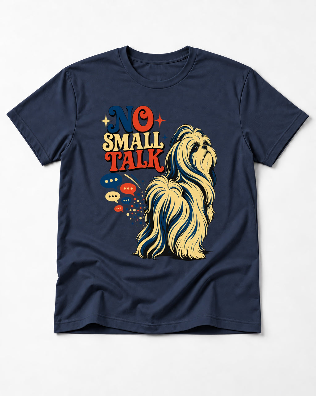 Shih Tzu No Small Talk Speech Bubble Graphic T-Shirt in Navy, flat lay product photo
