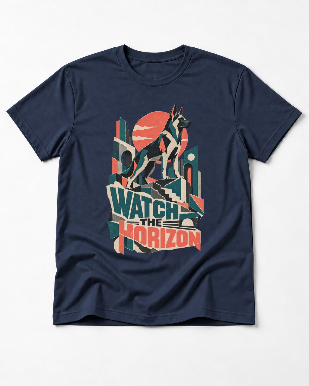 Watch The Horizon Cut Paper Cityscape German Shepherd Dog Graphic T-Shirt in Navy, flat lay product photo