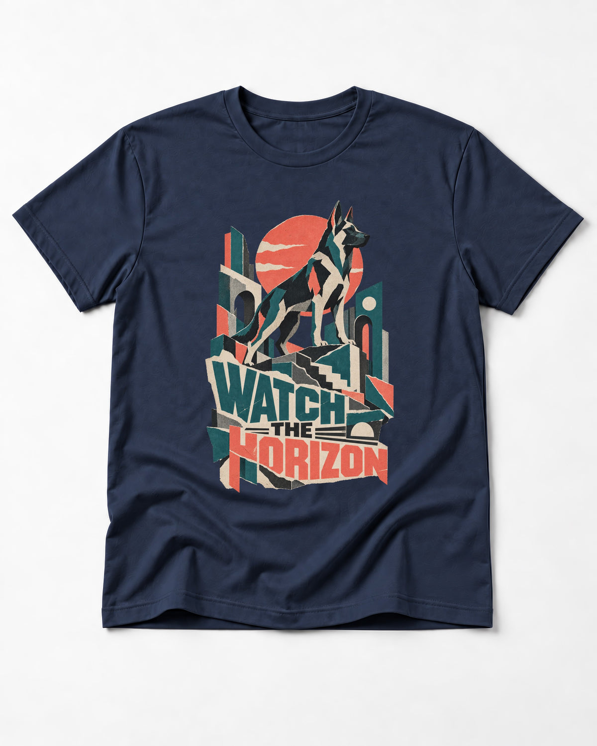 Watch The Horizon Cut Paper Cityscape German Shepherd Dog Graphic T-Shirt in Navy, flat lay product photo