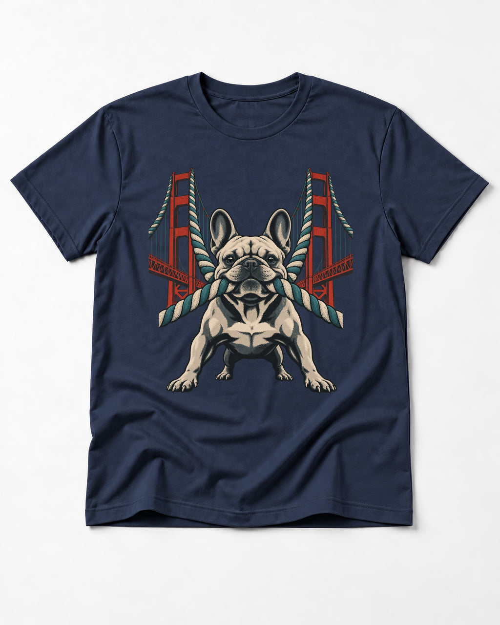 Frenchie Tug Anchor Bridge Graphic T-Shirt in Navy, flat lay product photo