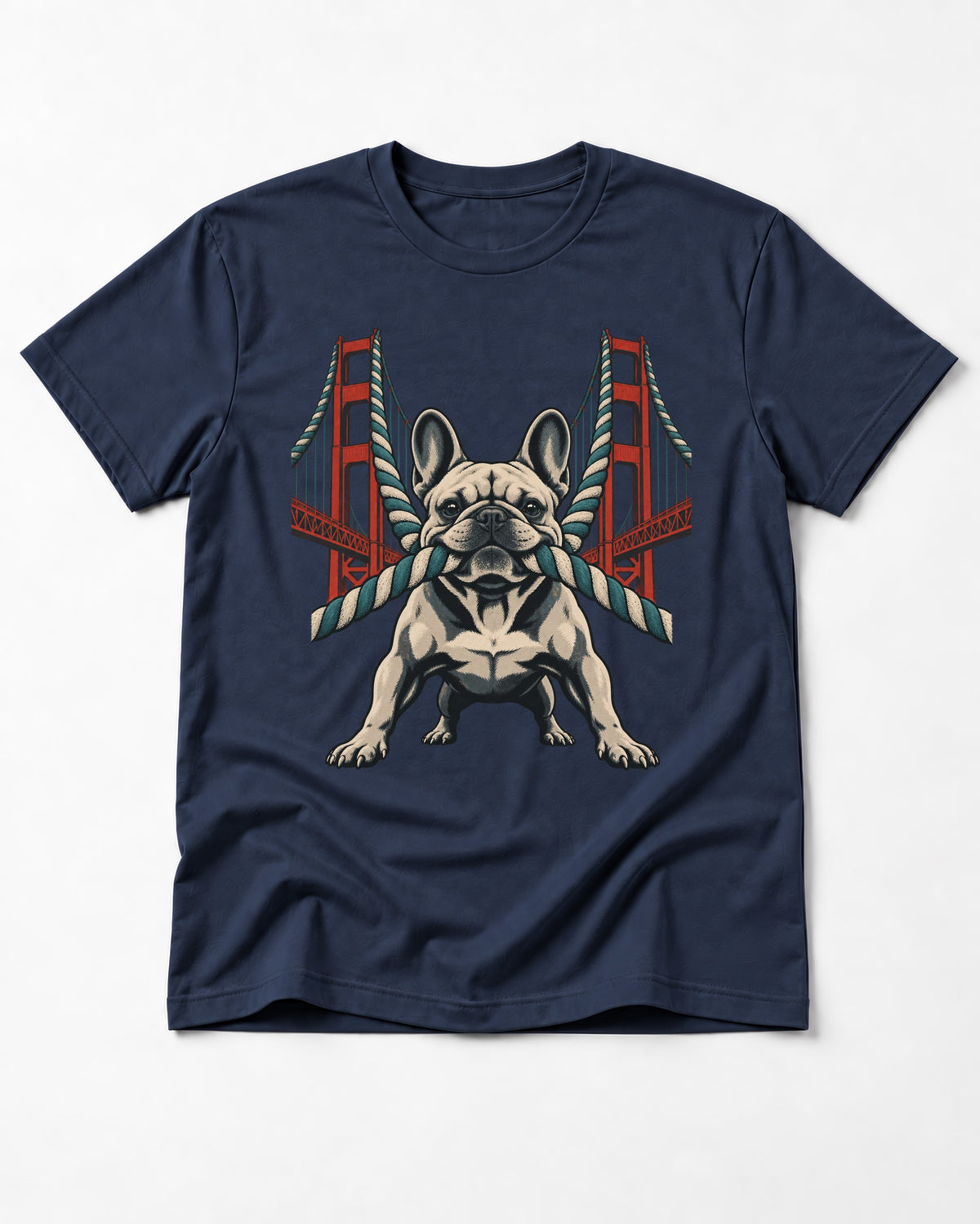 Frenchie Tug Anchor Bridge Graphic T-Shirt in Navy, flat lay product photo