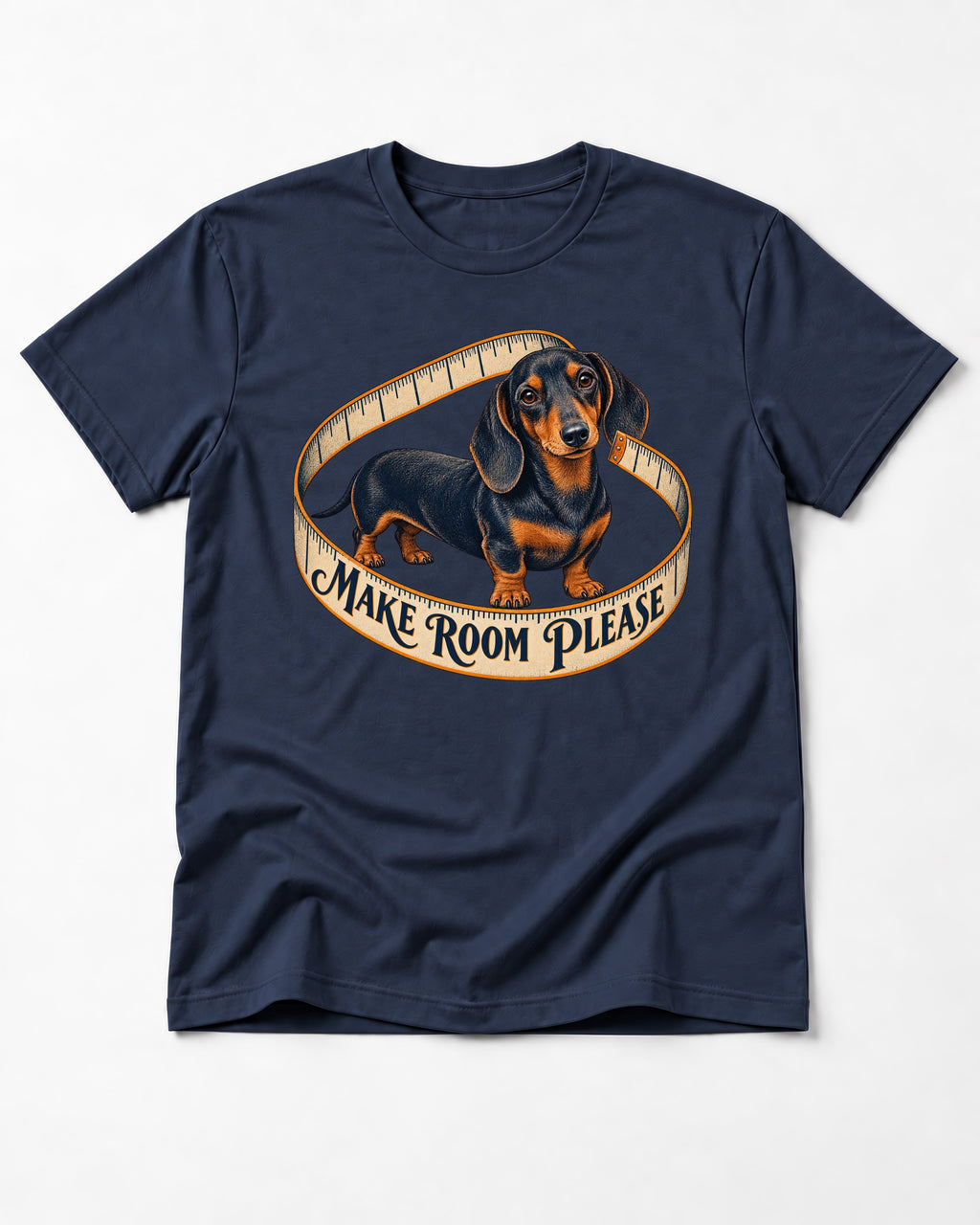 Dachshund Make Room Please Measuring Tape Graphic T-Shirt in Navy, flat lay product photo