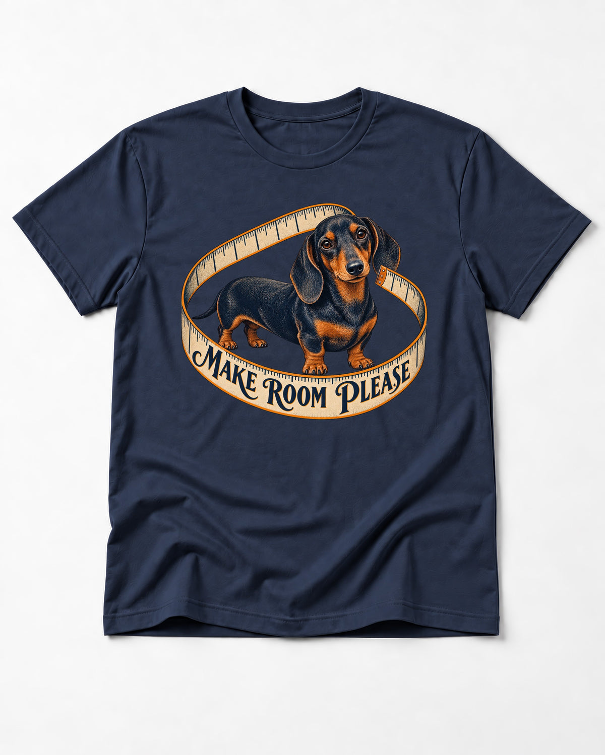 Dachshund Make Room Please Measuring Tape Graphic T-Shirt in Navy, flat lay product photo