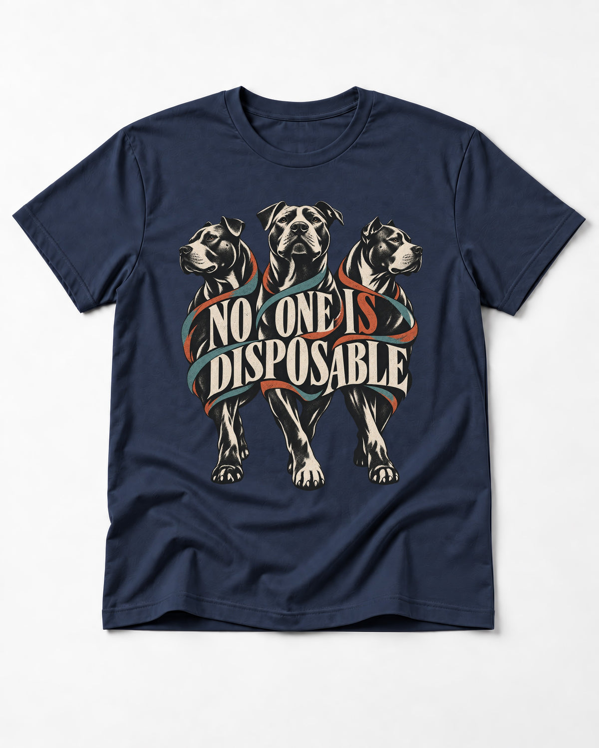 Pitbull No One Is Disposable Three Dogs Graphic T-Shirt in Navy, flat lay product photo