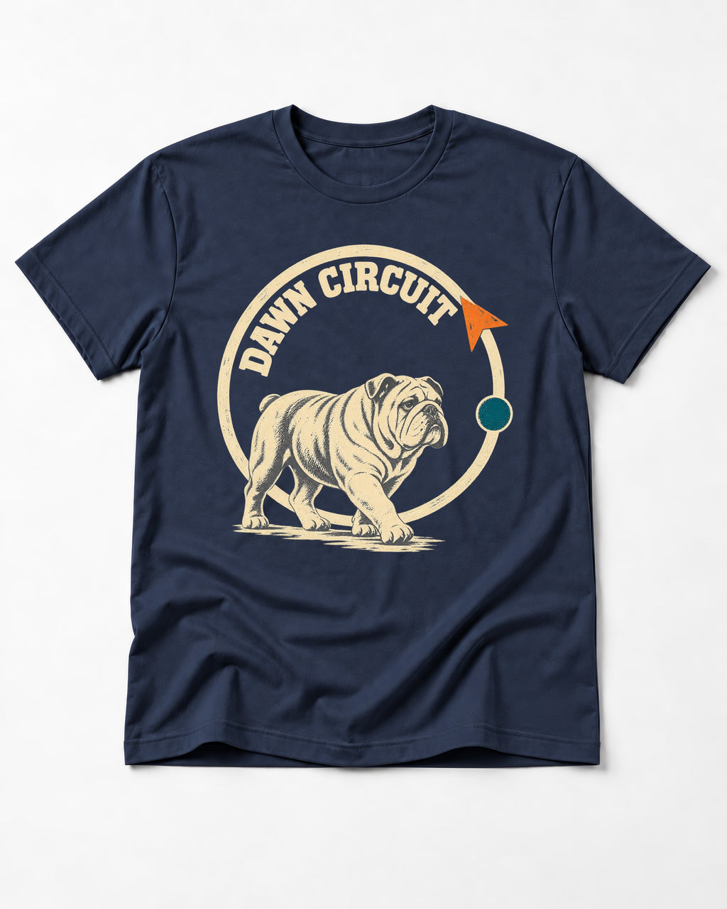 English Bulldog Dawn Circuit Emblem T-Shirt in Navy, flat lay product photo