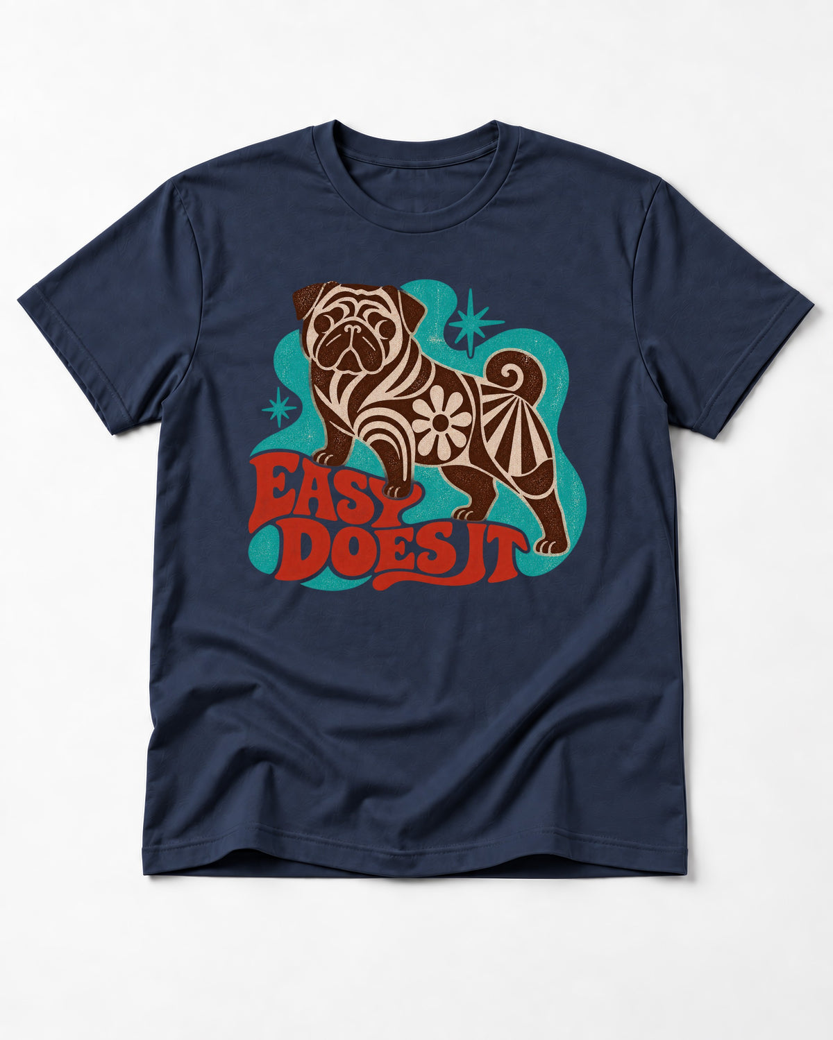 Pug Easy Does It Retro Floral Graphic T-Shirt in Navy, flat lay product photo