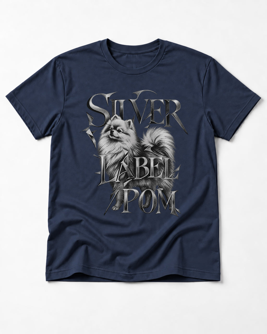 Pomeranian Silver Label Metallic Typography Graphic T-Shirt in Navy, flat lay product photo