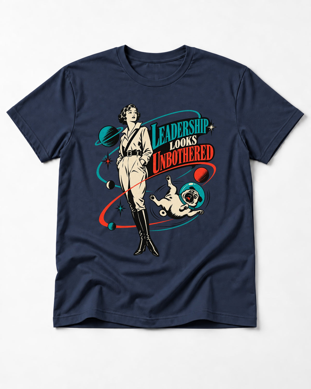 Pug Leadership Looks Unbothered Space Graphic T-Shirt in Navy, flat lay product photo