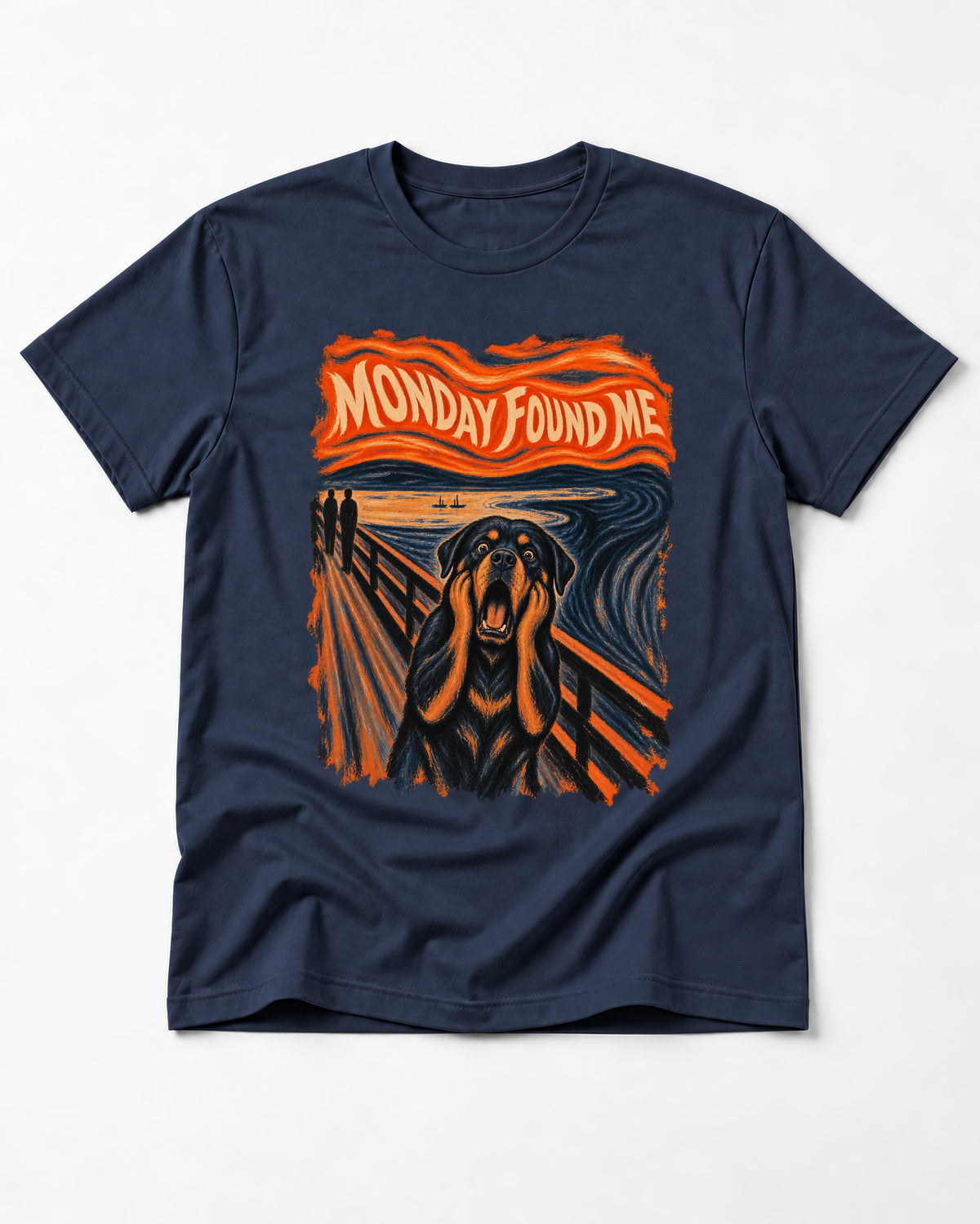 Rottweiler Monday Found Me Scream Parody Graphic T-Shirt in Navy, flat lay product photo