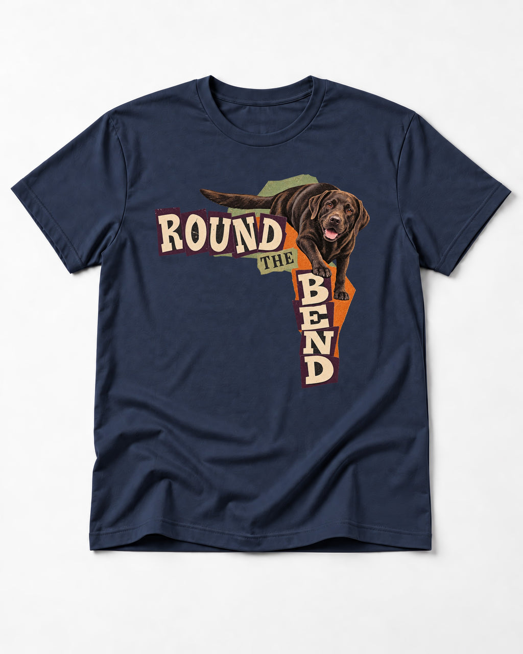 Labrador Retriever Round the Bend Collage Graphic T-Shirt in Navy, flat lay product photo