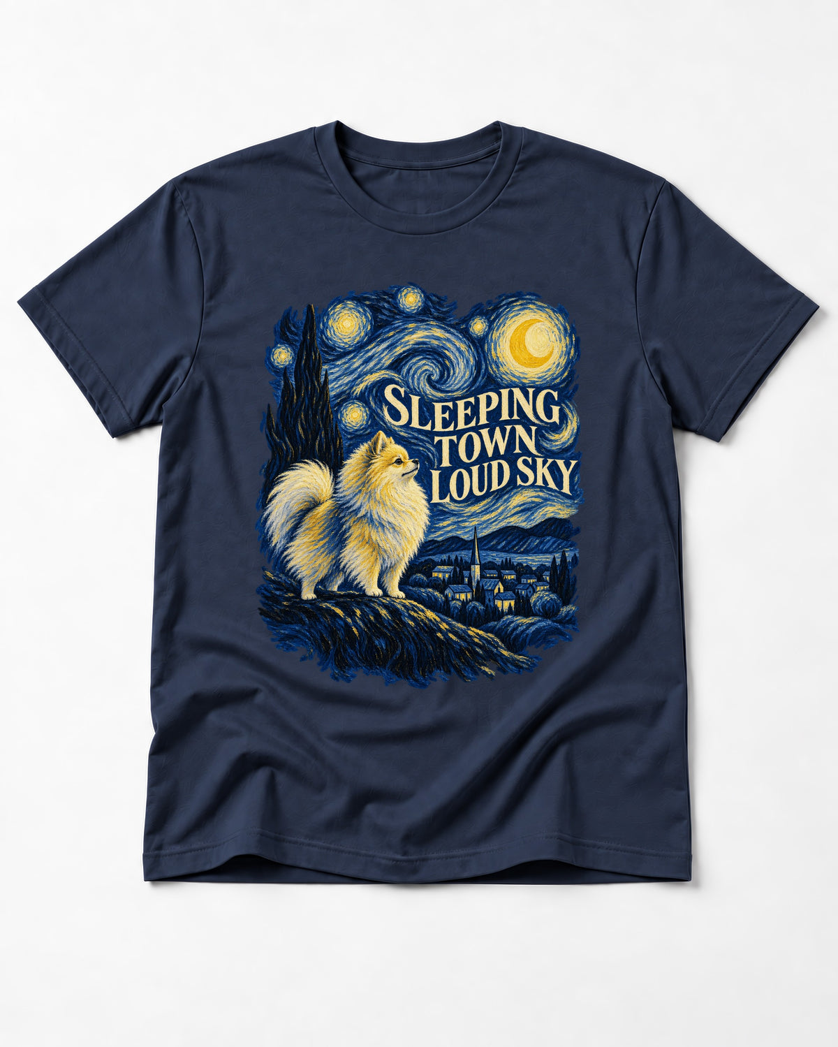Pomeranian Sleeping Town Loud Sky Starry Night Graphic T-Shirt in Navy, flat lay product photo