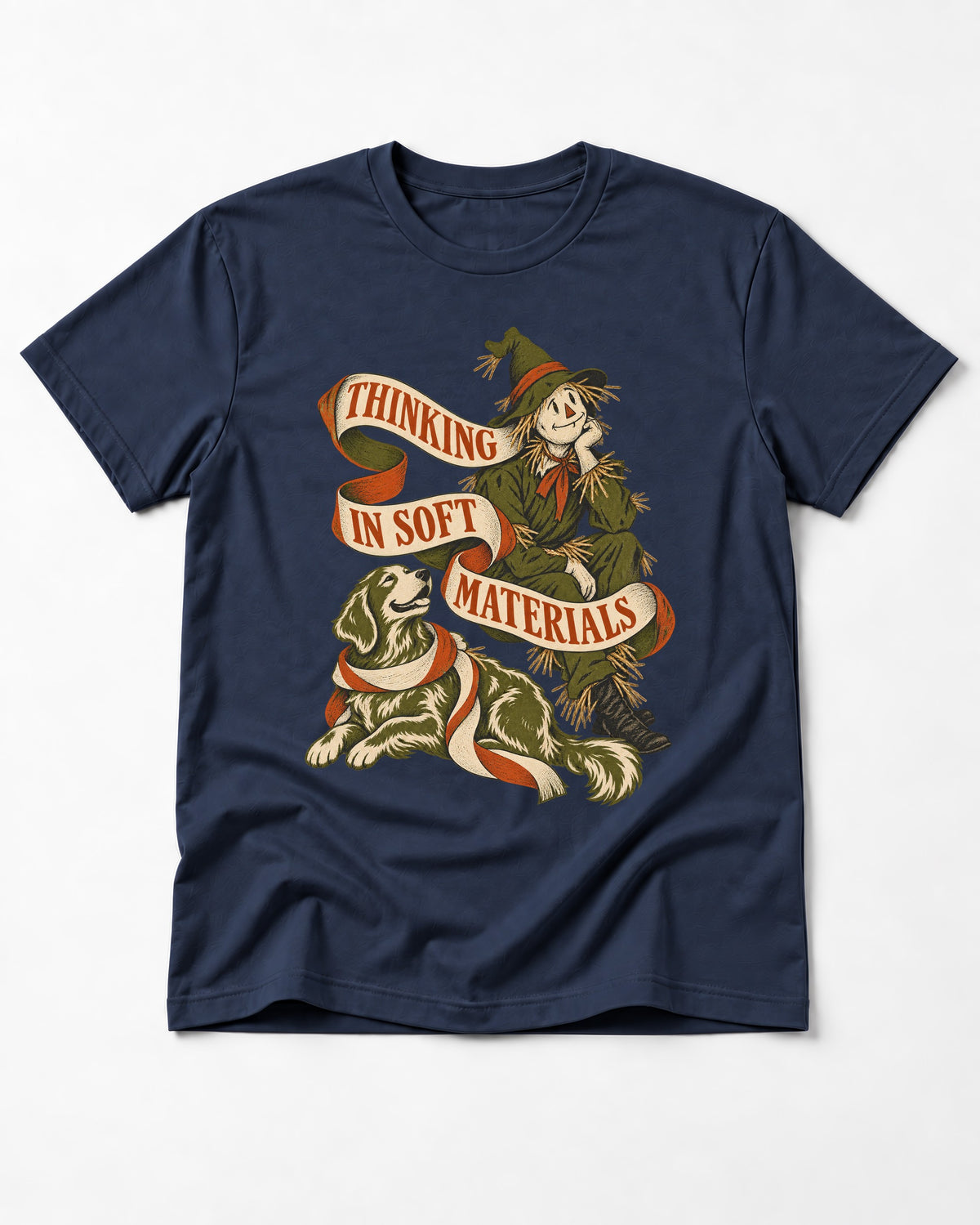 Golden Retriever Thinking in Soft Materials Scarecrow Graphic T-Shirt in Navy, flat lay product photo