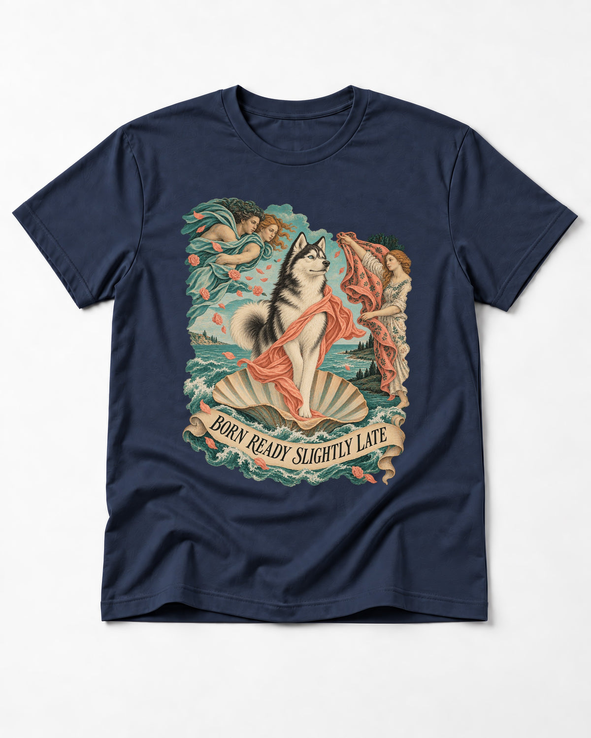 Husky Born Ready Slightly Late Renaissance Graphic T-Shirt in Navy, flat lay product photo