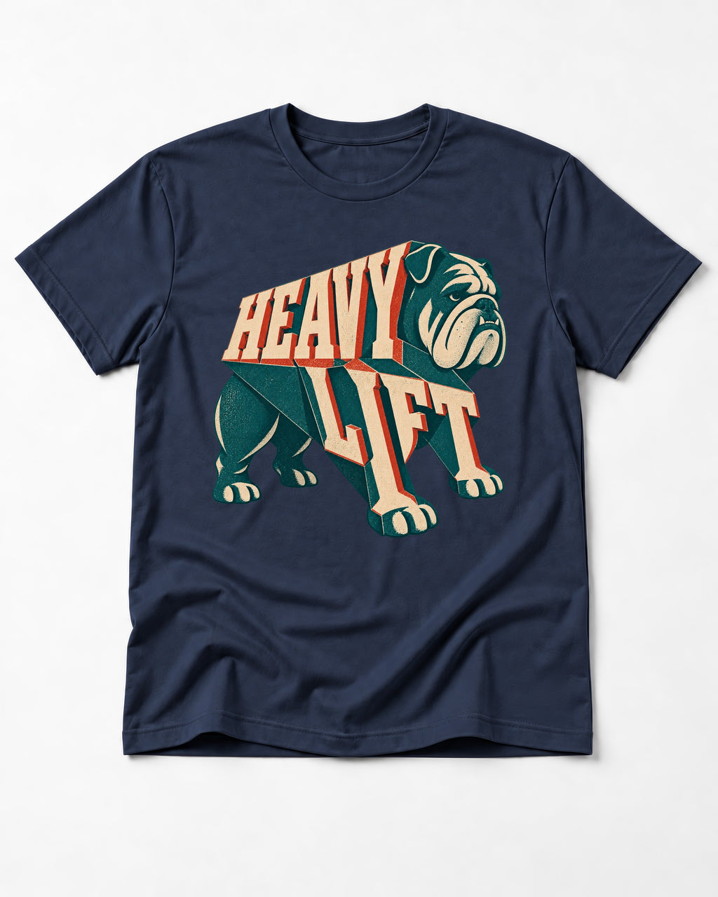 English Bulldog Heavy Lift Dimensional Type T-Shirt in Navy, flat lay product photo