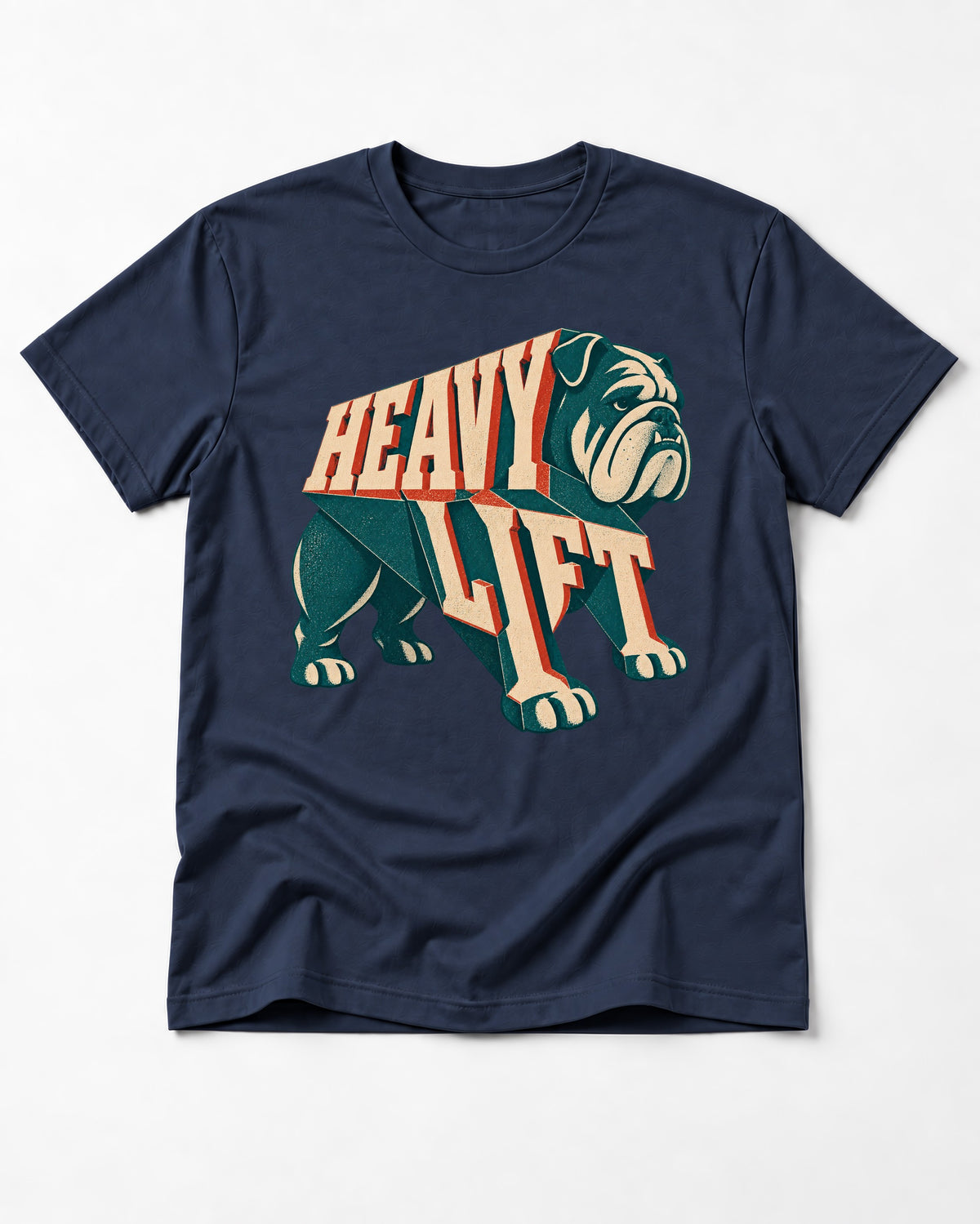 English Bulldog Heavy Lift Dimensional Type T-Shirt in Navy, flat lay product photo