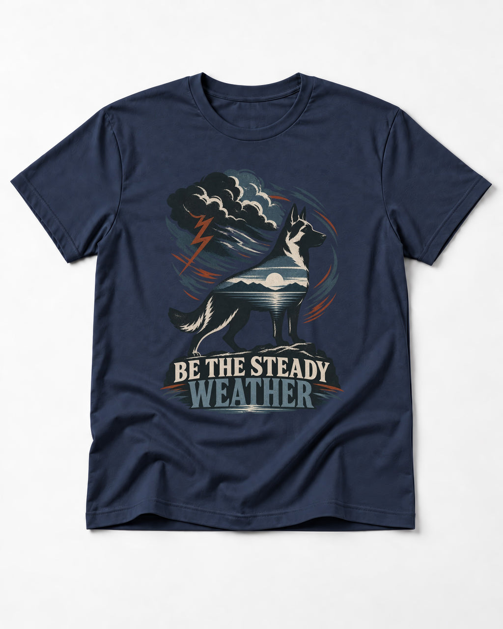 Be the Steady Weather Storm German Shepherd Dog Graphic T-Shirt in Navy, flat lay product photo
