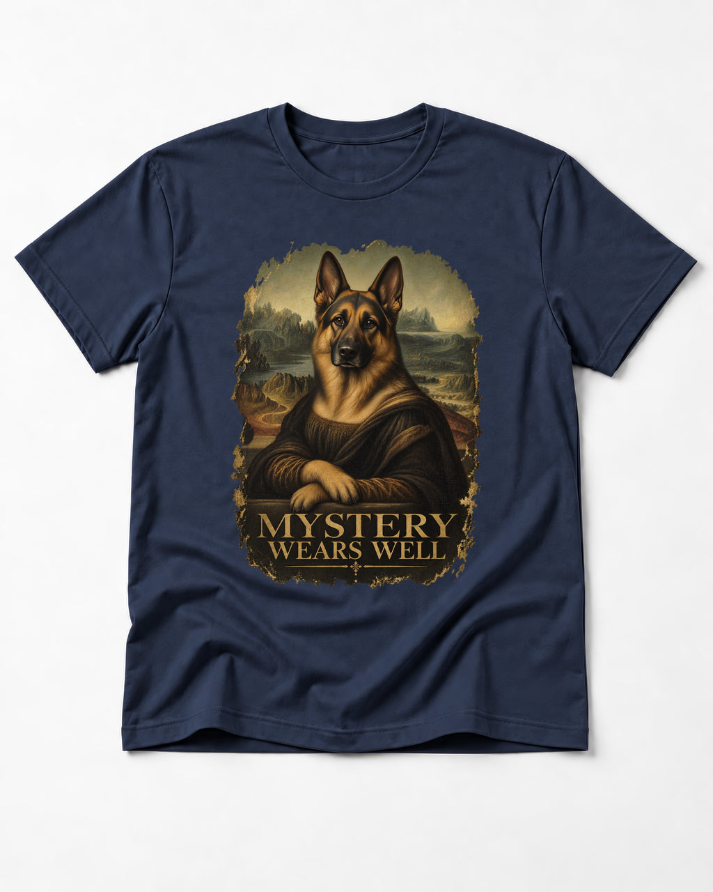 German Shepherd Dog Mystery Wears Well Renaissance Portrait T-Shirt in Navy, flat lay product photo
