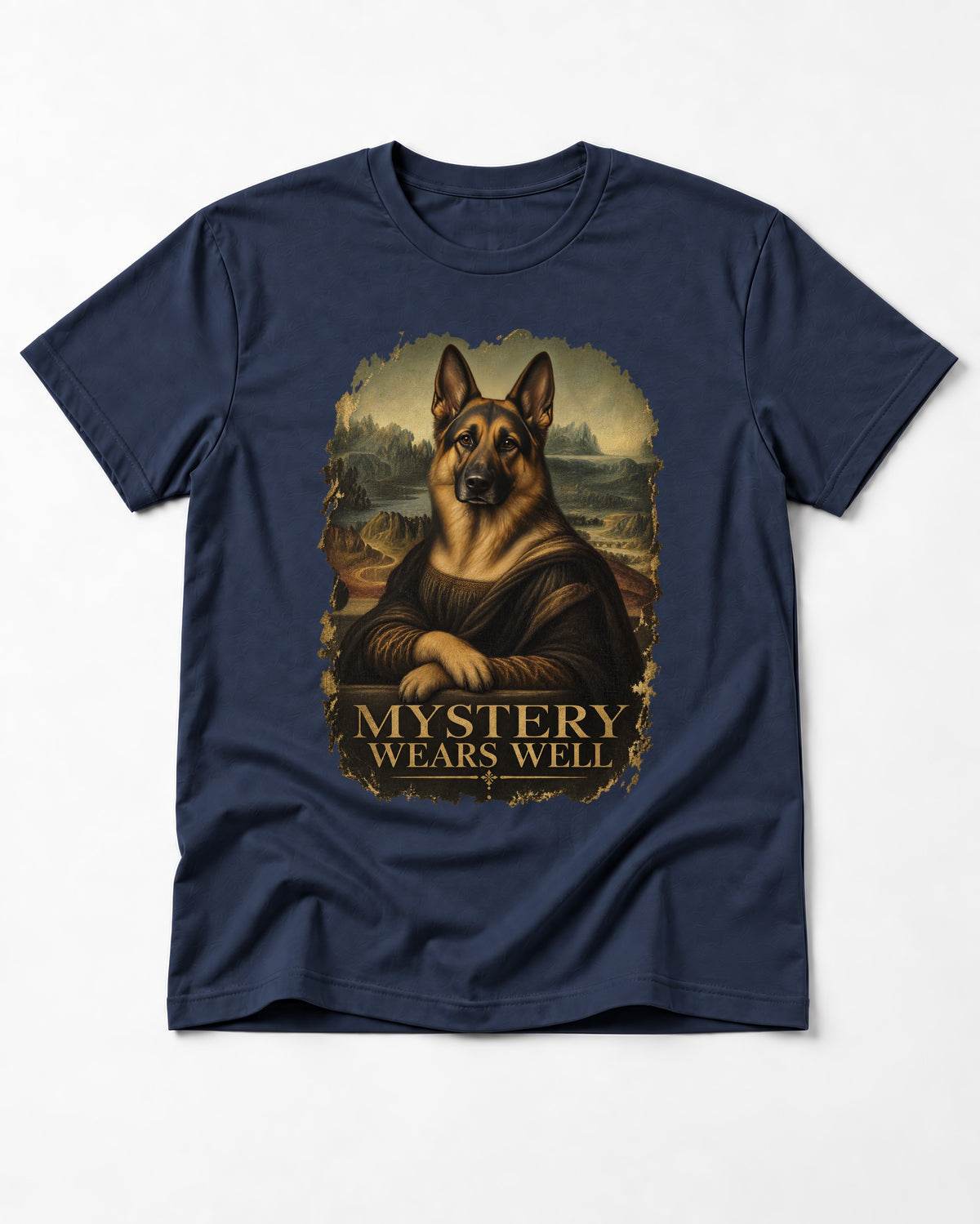 German Shepherd Dog Mystery Wears Well Renaissance Portrait T-Shirt in Navy, flat lay product photo