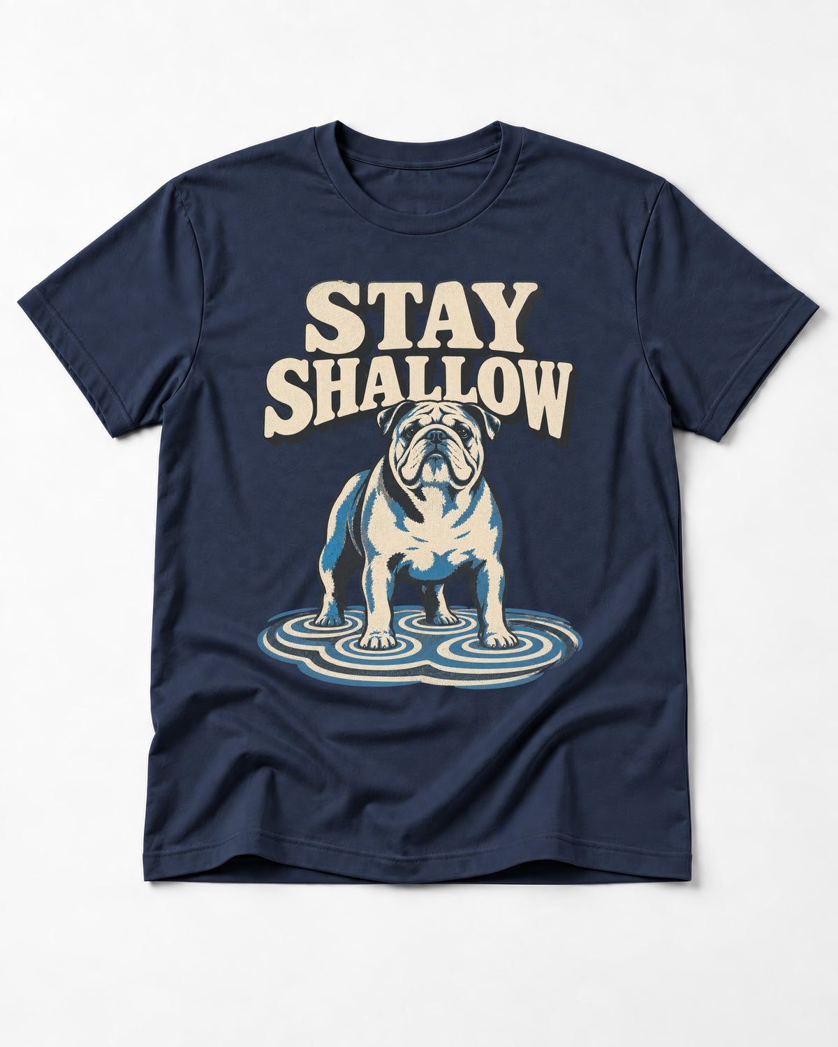English Bulldog Stay Shallow Ripple Graphic T-Shirt in Navy, flat lay product photo