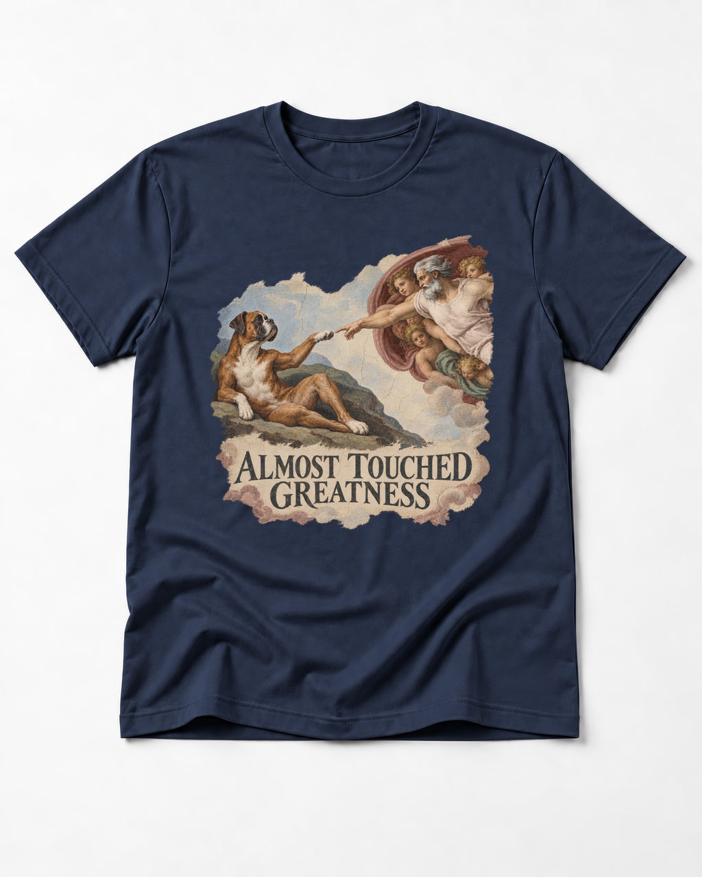 Almost Touched Greatness Boxer Creation Fresco Graphic T-Shirt in Navy, flat lay product photo