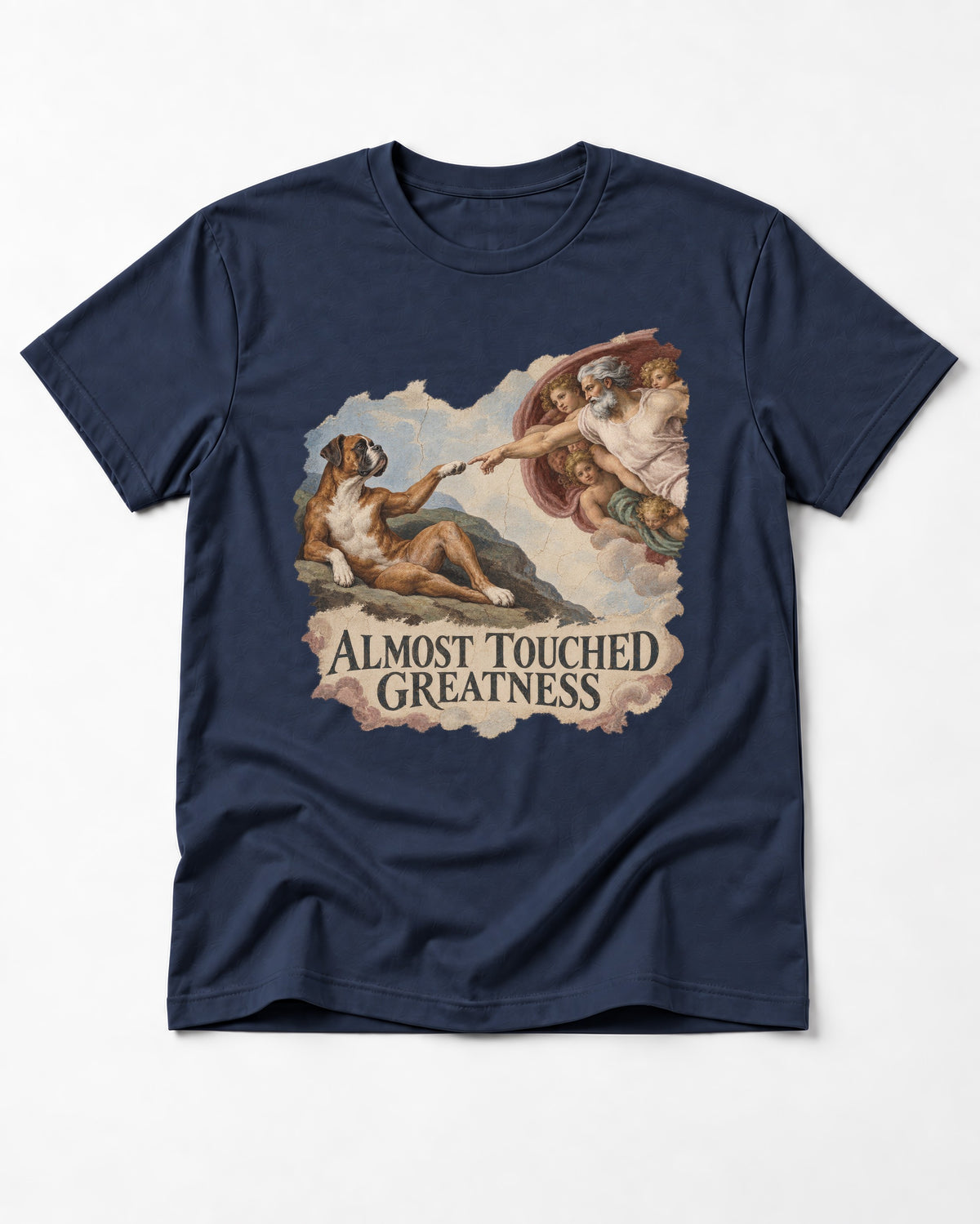 Almost Touched Greatness Boxer Creation Fresco Graphic T-Shirt in Navy, flat lay product photo