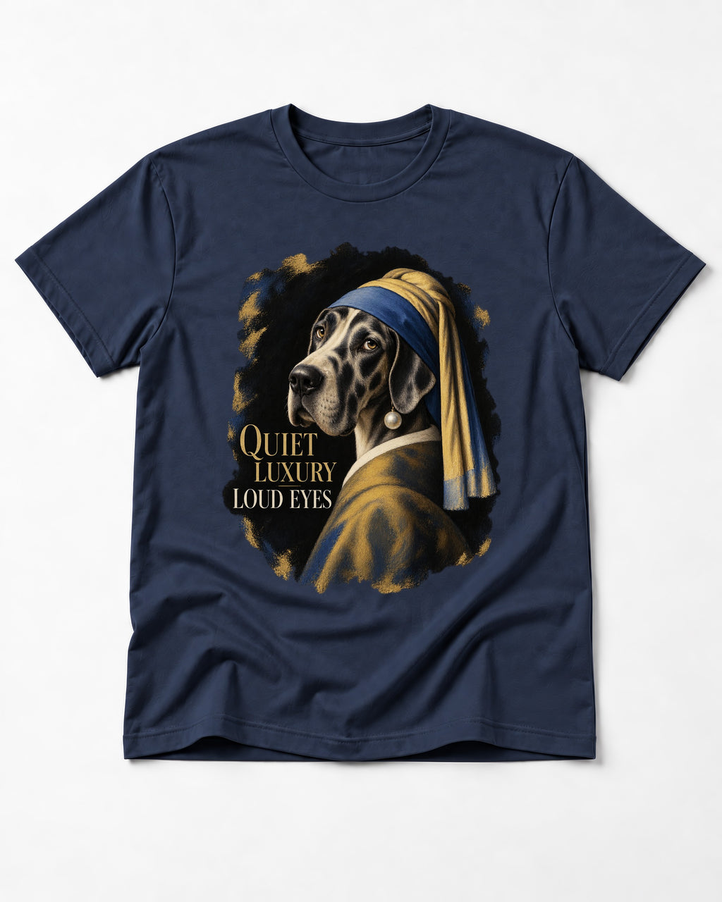 Great Dane Quiet Luxury Loud Eyes Pearl Portrait Graphic T-Shirt in Navy, flat lay product photo
