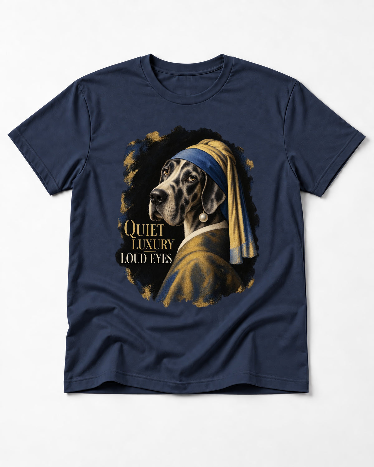 Great Dane Quiet Luxury Loud Eyes Pearl Portrait Graphic T-Shirt in Navy, flat lay product photo