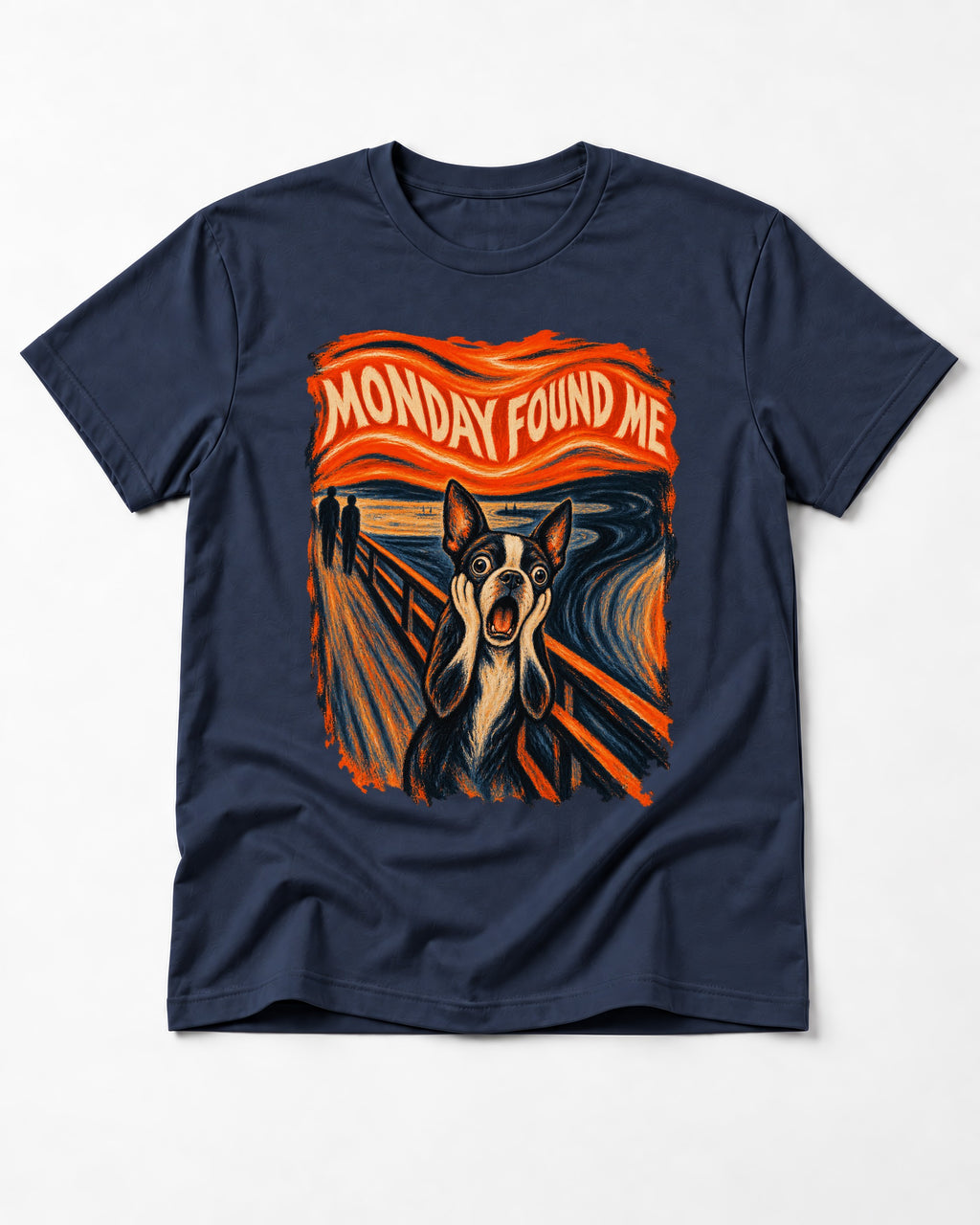 Monday Found Me Boston Terrier Scream Graphic T-Shirt in Navy, flat lay product photo