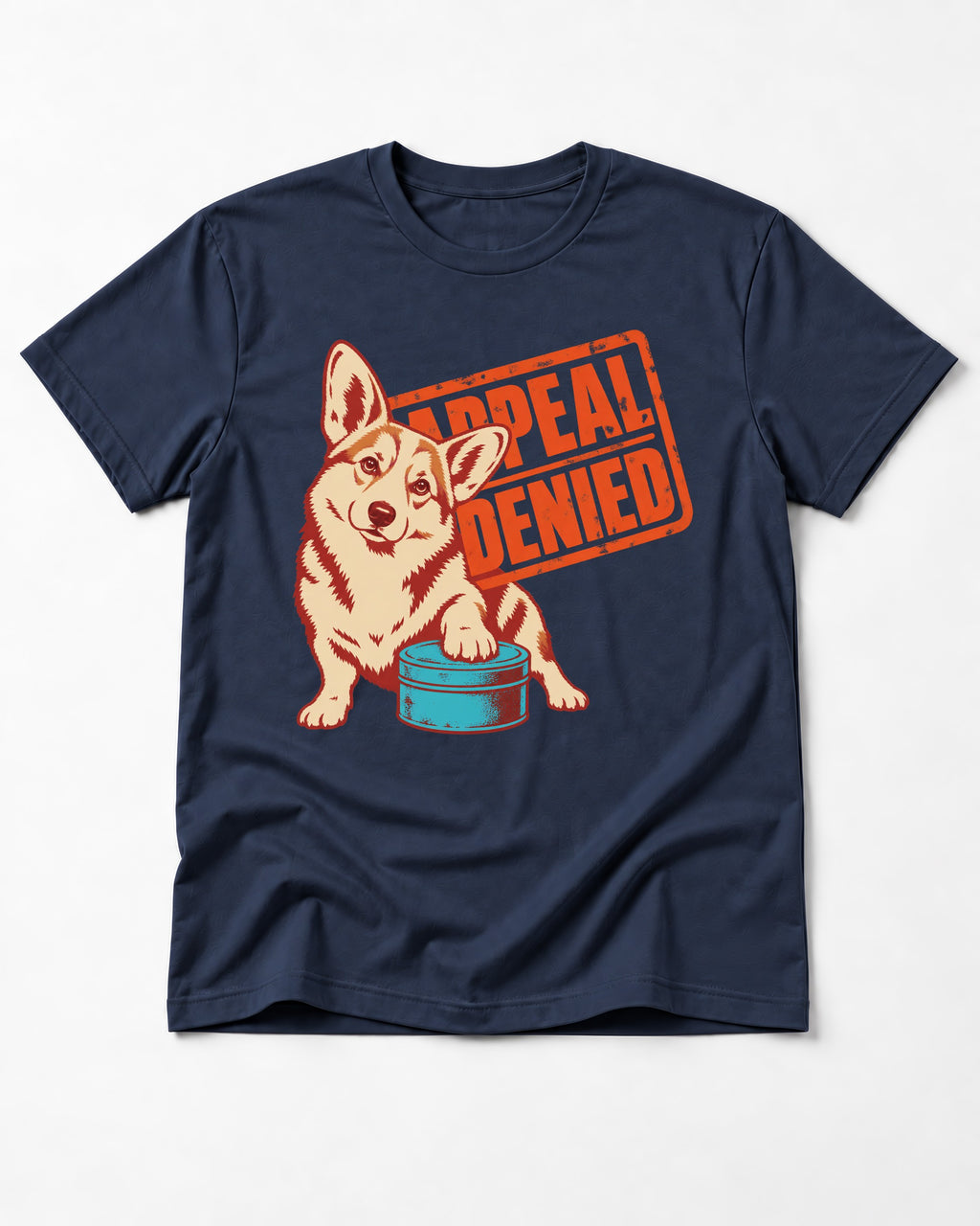 Corgi Appeal Denied Treat Tin T-Shirt in Navy, flat lay product photo