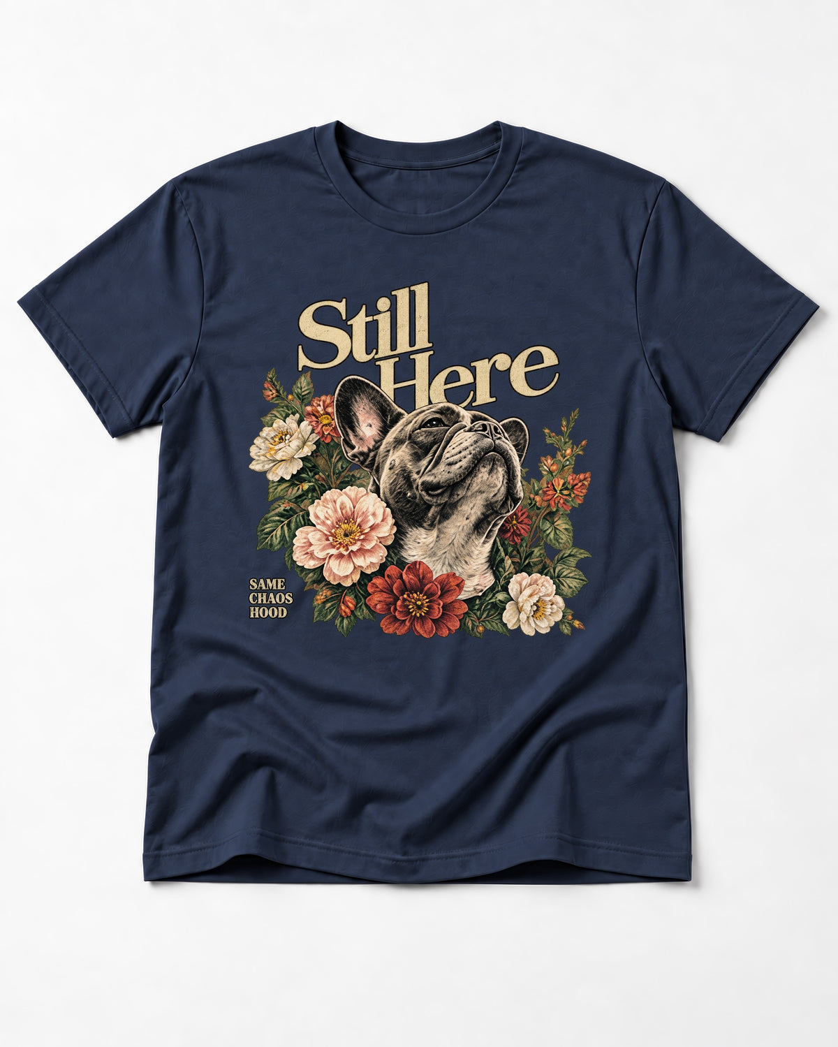 Frenchie Still Here Floral Portrait Graphic T-Shirt in Navy, flat lay product photo