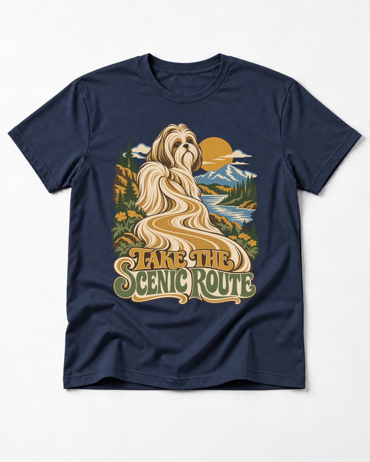 Shih Tzu Take the Scenic Route Mountain Vista Graphic T-Shirt in Navy, flat lay product photo