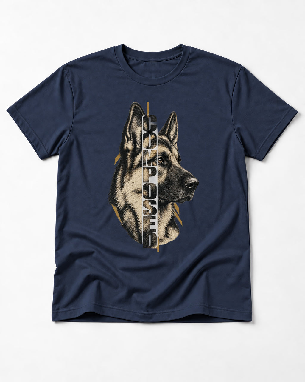 Composed Profile German Shepherd Dog Graphic T-Shirt in Navy, flat lay product photo