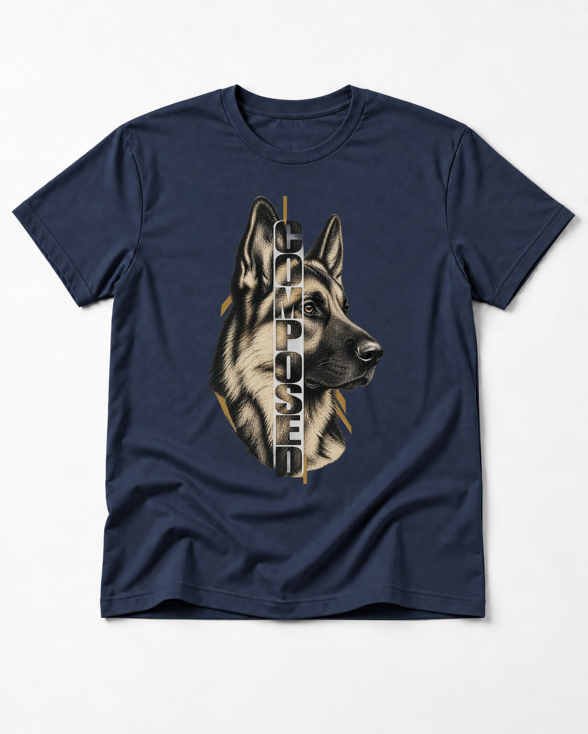 Composed Profile German Shepherd Dog Graphic T-Shirt in Navy, flat lay product photo