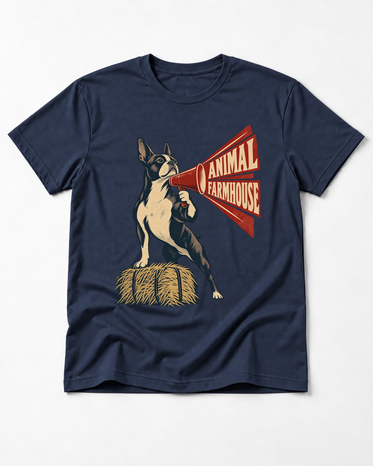 Animal Farmhouse Boston Terrier T-Shirt in Navy, flat lay product photo
