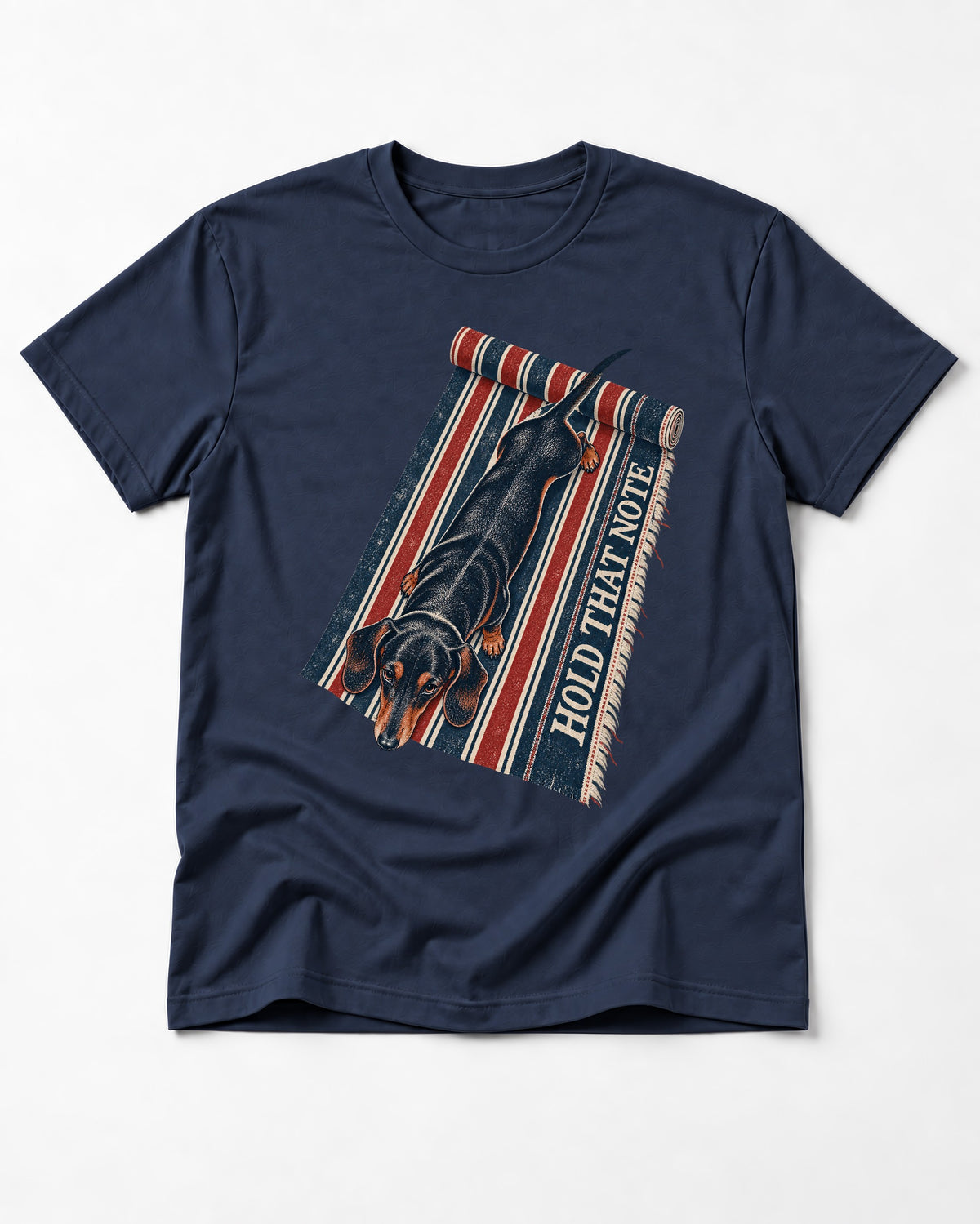 Dachshund Hold That Note Striped Rug Graphic T-Shirt in Navy, flat lay product photo