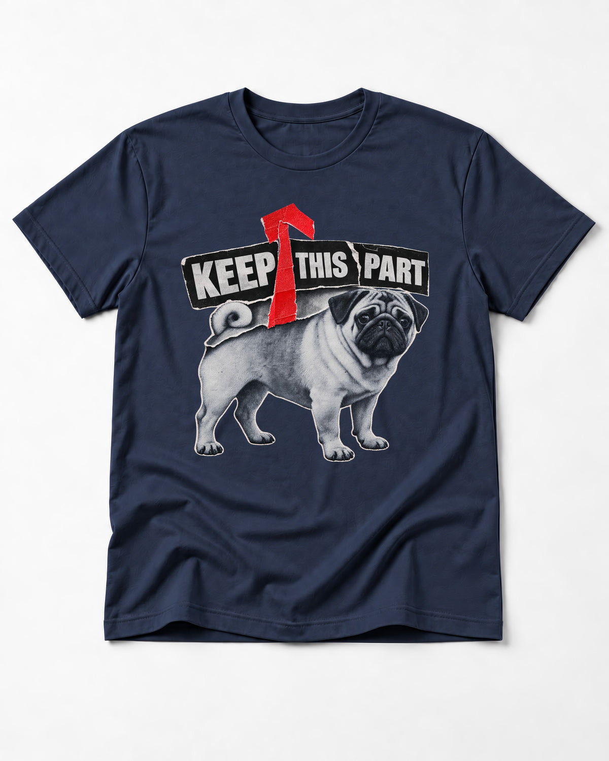 Pug Keep This Part Tape Arrow Graphic T-Shirt in Navy, flat lay product photo