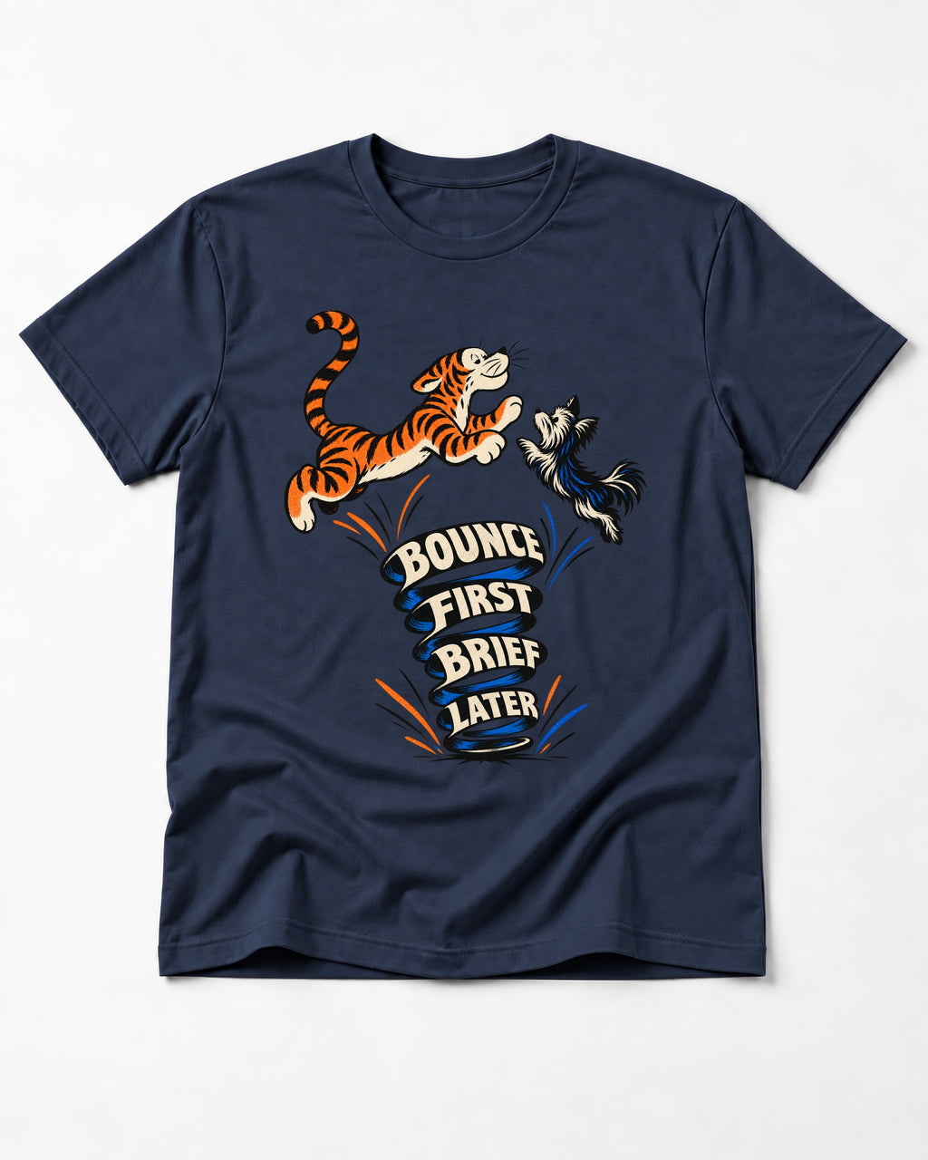Yorkshire Terrier Bounce First Brief Later Tiger Graphic T-Shirt in Navy, flat lay product photo
