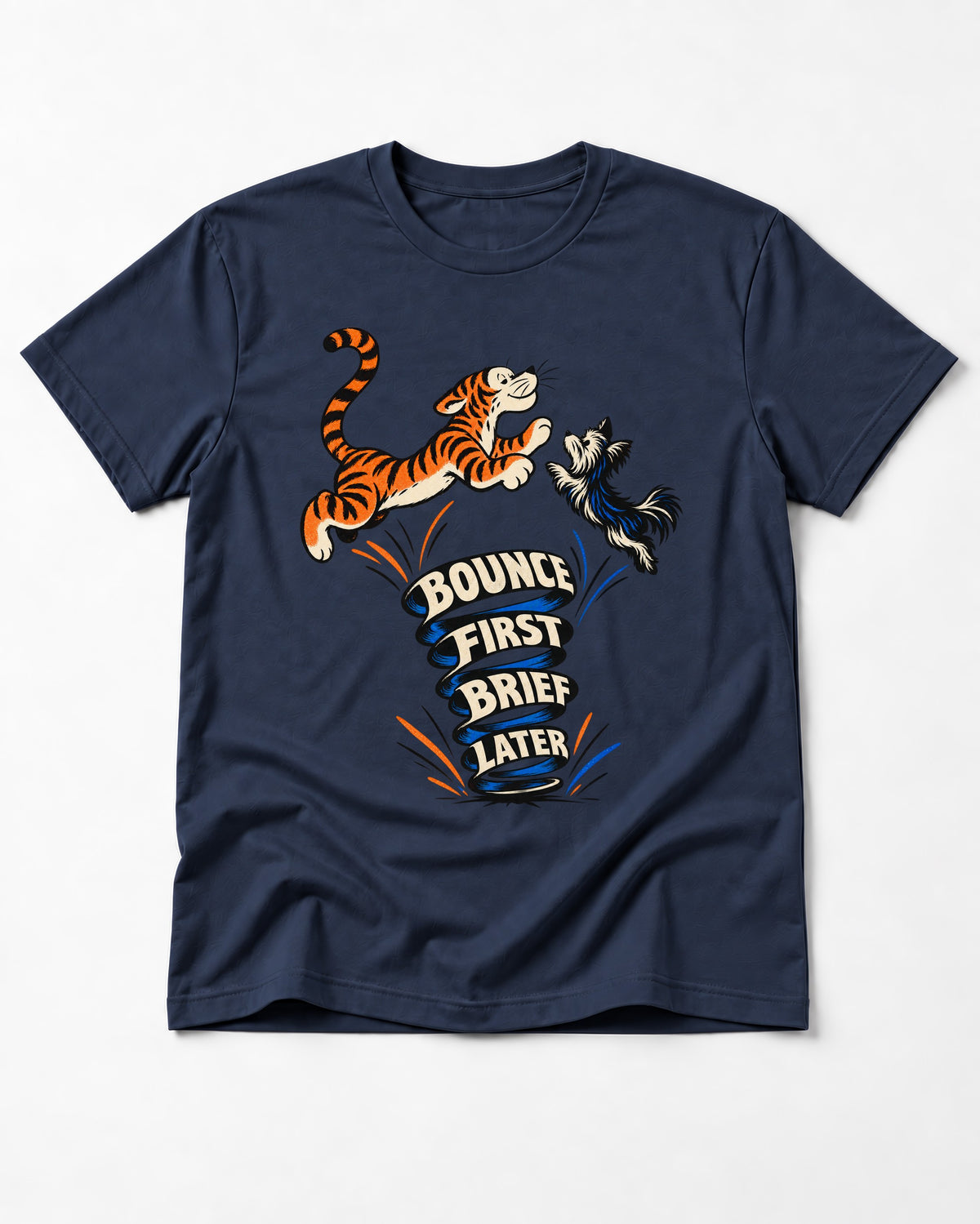 Yorkshire Terrier Bounce First Brief Later Tiger Graphic T-Shirt in Navy, flat lay product photo