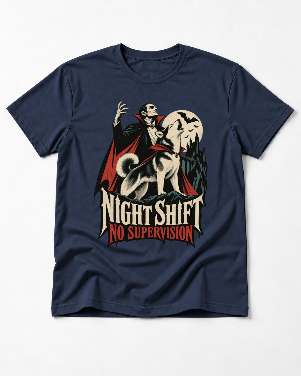 Husky Night Shift No Supervision Vampire Graphic T-Shirt in Navy, flat lay product photo