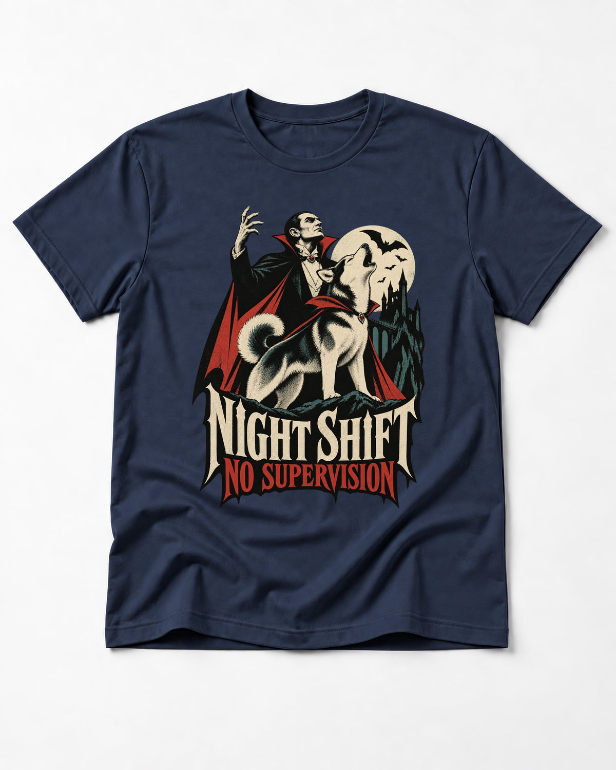 Husky Night Shift No Supervision Vampire Graphic T-Shirt in Navy, flat lay product photo