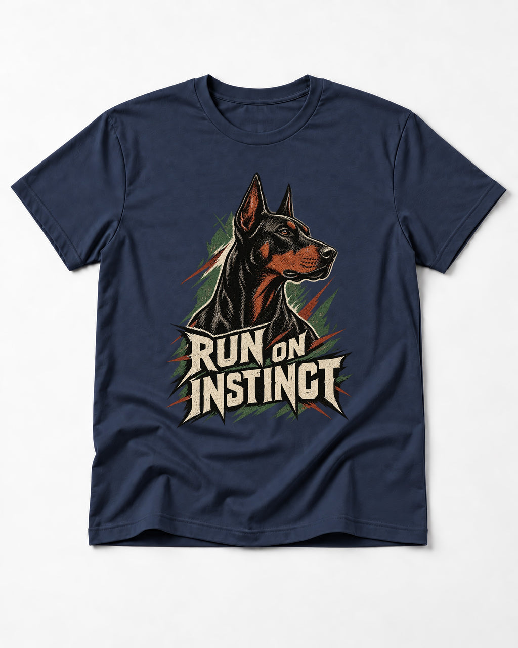 Doberman Run on Instinct Brush Slash Graphic T-Shirt in Navy, flat lay product photo