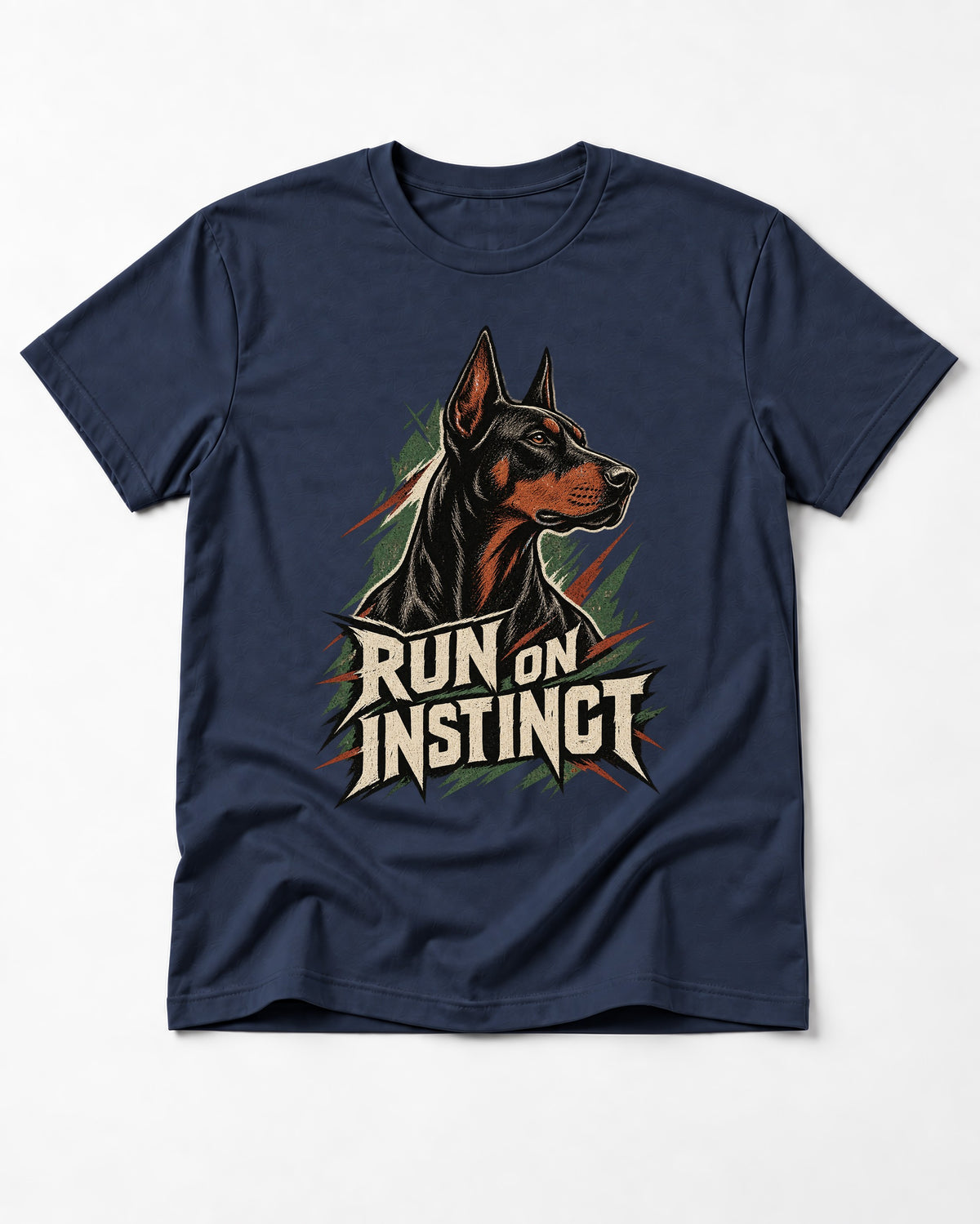 Doberman Run on Instinct Brush Slash Graphic T-Shirt in Navy, flat lay product photo